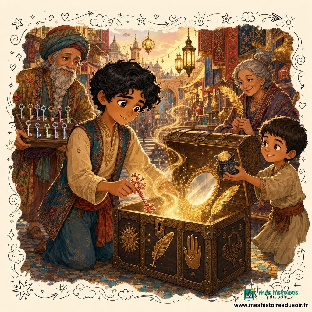 Amir, visage doux, peau mate, cheveux noirs ondulés, yeux grands et curieux, sourire timide mais déterminé, tient une clé de corail brillante et, posture confiante, insère la clé dans la troisième serrure d’un grand coffre ancien orné de symboles (soleil, plume, main) ; un vieil homme marchand d’environ 70 ans, barbe grise tressée et habits colorés, tient une étagère de petites clés en arrière-plan à gauche et regarde Amir avec bienveillance ; un garçon d’environ 8 ans, cheveux courts et robe simple, tient un petit sac de poudre scintillante à droite en souriant malicieusement et l’offrant à Amir ; une vieille femme d’environ 65 ans, cheveux gris en chignon et châle brodé, est assise derrière le garçon, tenant une plume dorée et souriant comme si elle venait d’offrir la clé ; le marché, inspiré des Mille et Une Nuits, présente ruelles pavées en mosaïque, lampes en laiton suspendues, tentures rouges et bleues, étals en bois sculpté et tuiles turquoise avec motifs dorés, baignés d’une lumière crépusculaire dorée ; les trois serrures s’illuminent progressivement, une lumière chaude et parfumée s’échappe du coffre révélant un miroir poli et une plume d’or, créant une ambiance magique aux tons ocres, or et turquoise, avec textures détaillées et contrastes doux exprimant l’émerveillement.
