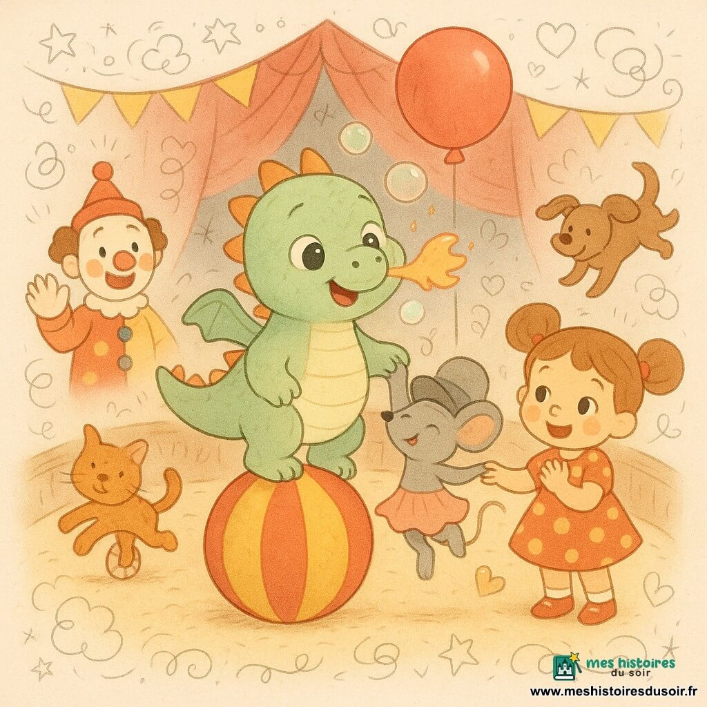 Un petit dragon vert pastel, rond et souriant, équilibre sur une grosse balle rayée rouge et jaune en soufflant des petites bulles de feu irisées autour de sa tête ; une souris grise au chapeau trop grand et à la jupe rose tourbillonne en dansant en lui tenant la patte, un clown ami au maquillage simple et costume coloré agite la main depuis la gauche, une fillette aux couettes et robe à pois applaudit en tenant un ballon rouge attaché au dragon, un chat orange fait une roue et un chien brun saute en arrière-plan, le tout sous un chapiteau chaleureux avec piste en bois verni, sciure beige, rideaux de velours rouges et guirlandes de lampes jaunes pour une scène festive, lumineuse et sécurisée.