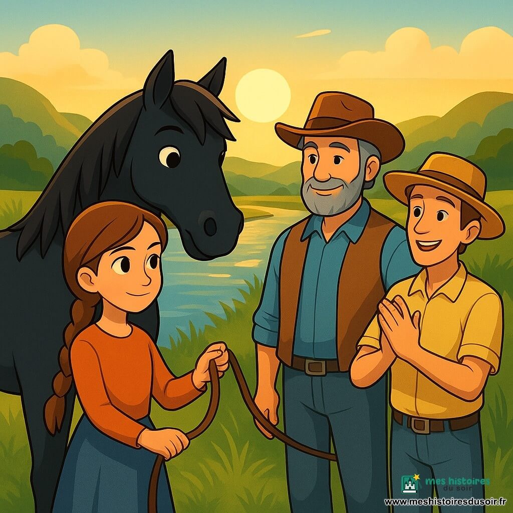 Sarah, une jeune fille avec une longue natte brune et des yeux déterminés, tient la longe d'un mustang noir, son expression calme et rassurante. À ses côtés, Ben, un homme d'une cinquantaine d'années avec une barbe grise et un chapeau de cow-boy, sourit bienveillant. Un peu en retrait, Tom, un jeune homme d'une trentaine d'années, porte un chapeau de paille et applaudit doucement. La scène se déroule près d'une rivière scintillante sous le soleil, entourée de hautes herbes vertes et de collines lointaines. Le mustang, Ombre, se tient près de Sarah, ses yeux montrant une confiance naissante, tandis que le soleil couchant illumine le paysage.