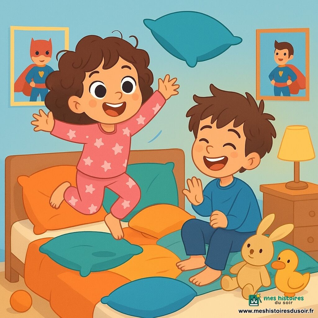 Une petite fille de 4 ans, Lucie, aux grands yeux pétillants et cheveux bouclés, saute joyeusement sur un lit rempli de coussins colorés. Elle porte un pyjama rose à étoiles et affiche un grand sourire. À ses côtés, son frère Hugo, 7 ans, aux cheveux bruns en bataille, rit en essayant de se protéger d'un coussin volant. La scène se déroule dans une chambre d’enfant chaleureuse avec des murs bleu clair et des jouets éparpillés. Lucie et Hugo s’amusent à construire une cabane de coussins, riant pendant une bataille de coussins.
