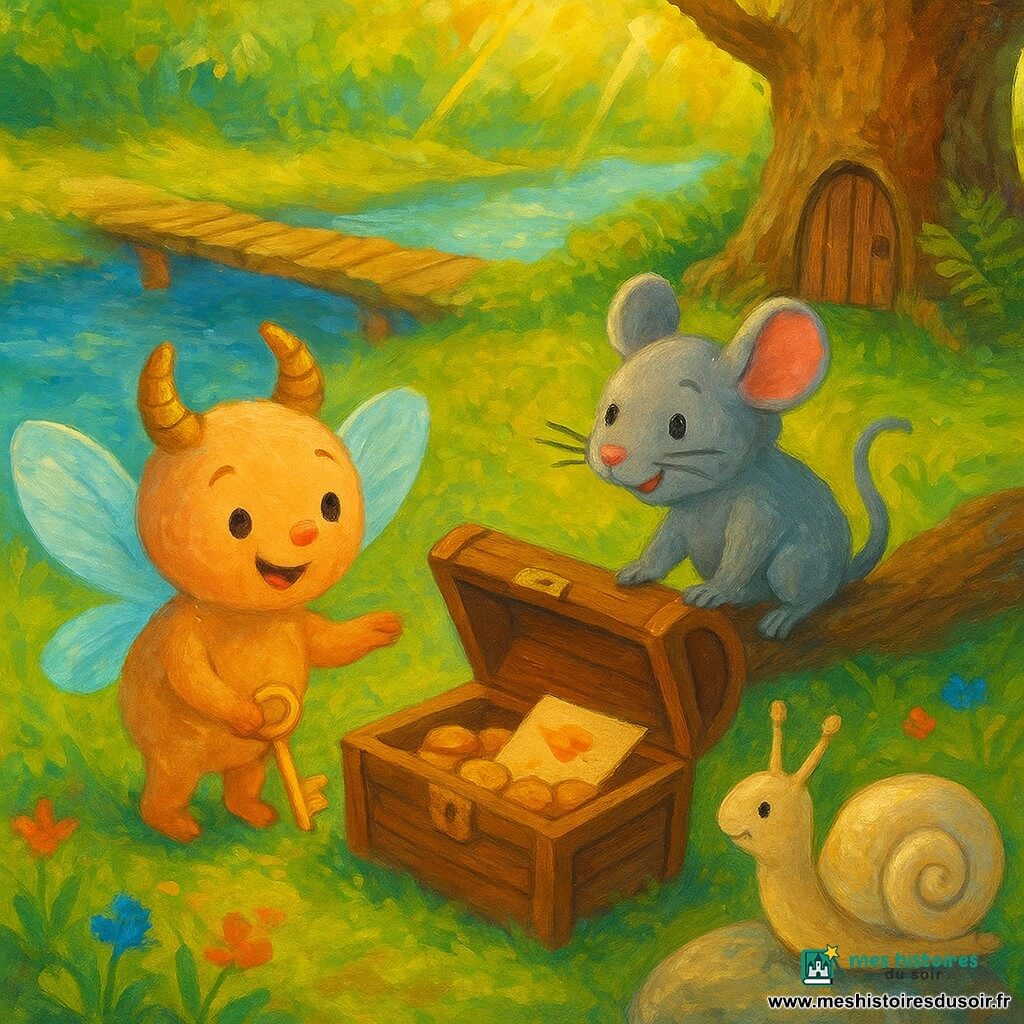 Lumi, petit être velouté aux ailes translucides et cornes en croissant, tient joyeusement une petite clé dorée, Mina, souris grise perchée sur une branche tombée près d’un pont de planches, sourit au coffre en bois posé au bord d’une rivière, et Tom, escargot à la coquille nacrée, indique d’un regard la lettre parfumée trouvée dans le coffre ouvert contenant des pièces en bois doré ; le lieu est une clairière riveraine aux eaux miroitantes, vieux chêne avec porte miniature, mousse et fleurs colorées, éclairée de rayons dorés, créant une ambiance douce, sécurisante et scintillante.
