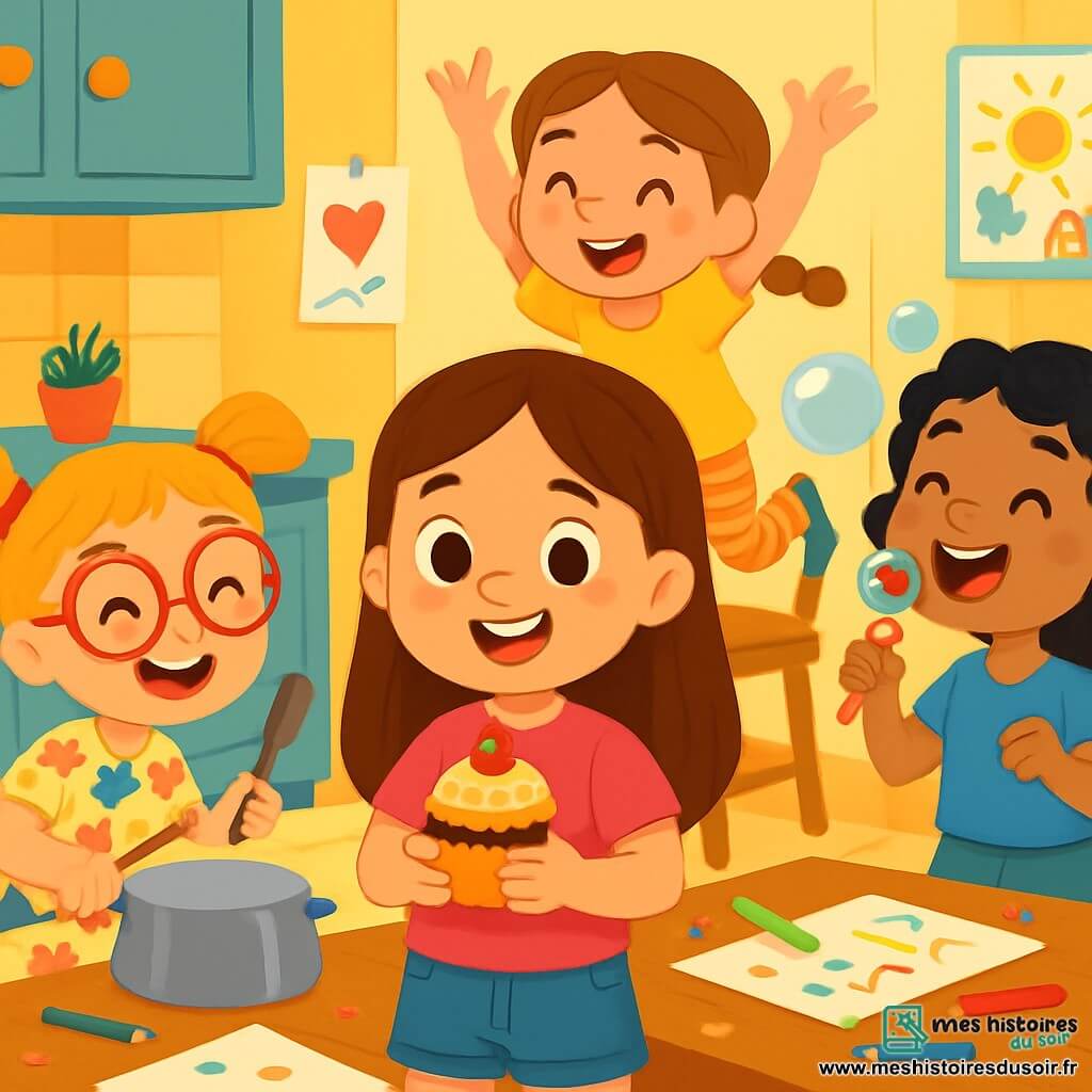 Quatre enfants se trouvent dans la cuisine colorée de Lila, qui a 7 ans, des cheveux bruns, un t-shirt rose et un short en jean. Elle est au centre, souriante, tenant un mini-gâteau rigolo. À gauche, Zoé, 6 ans, avec des cheveux blonds en couettes et des lunettes rondes, porte une robe à fleurs et tape sur une casserole. À droite, Mia, 7 ans, avec des cheveux noirs bouclés, porte un t-shirt bleu et un pantalon vert, fait des bulles de savon. Derrière, Jade, 6 ans, avec des cheveux châtains et une tresse, porte un t-shirt jaune et danse sur une chaise. Elles préparent une surprise joyeuse pour la fête des pères, chantant et dansant dans une ambiance festive.