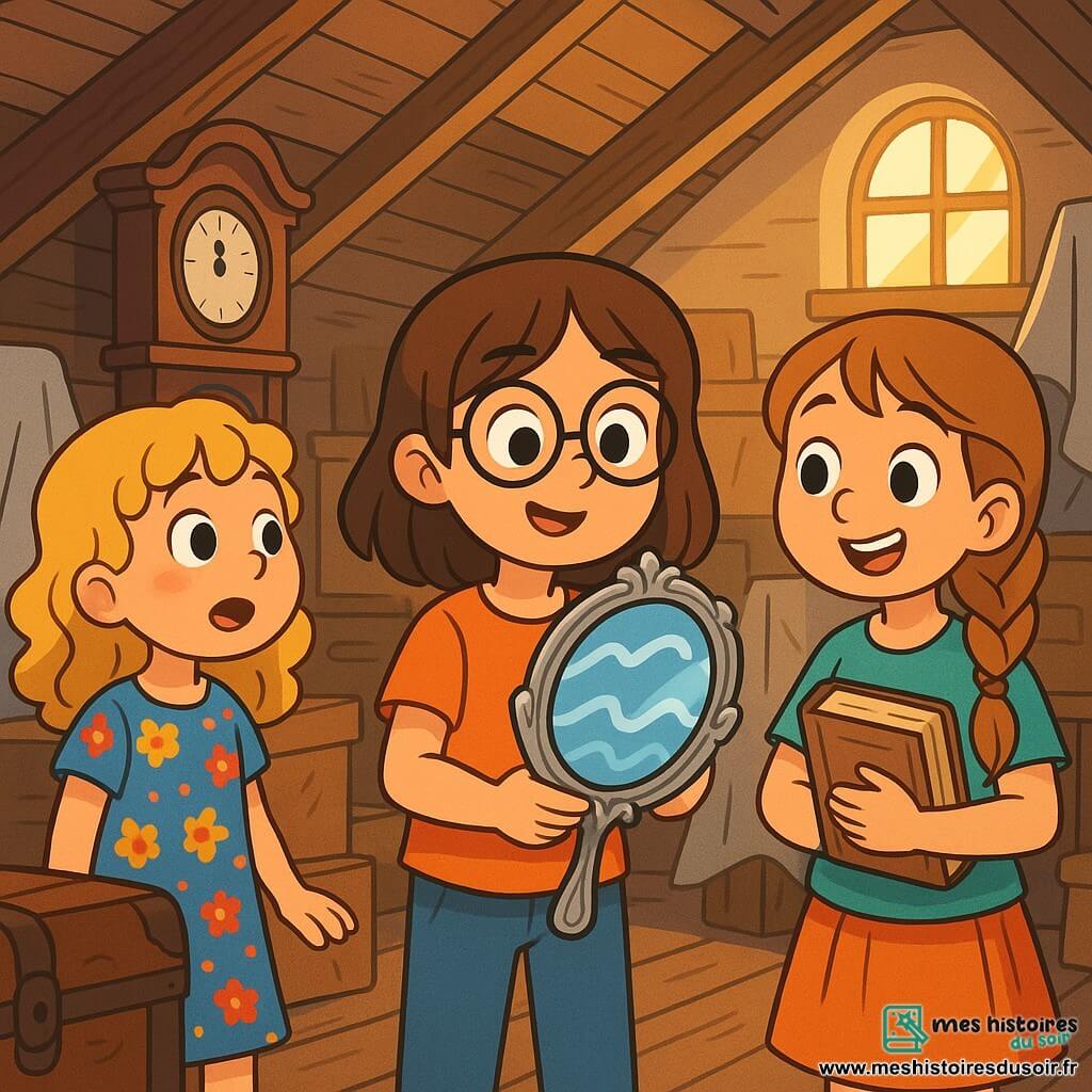 Trois amies de 10 ans se trouvent dans un grenier mystérieux. Emma, avec des cheveux bruns et des lunettes rondes, examine un miroir en argent. À sa gauche, Léa, aux cheveux blonds et bouclés, admire une vieille horloge à pendule. À droite, Zoé, avec des cheveux châtains et une tresse, sourit en tenant un livre ancien. Le grenier est rempli de vieilles malles et de meubles couverts de draps blancs, la lumière du soleil créant une ambiance magique. Elles viennent de découvrir un miroir magique ondulant, prêtes à plonger dans une nouvelle aventure fascinante.