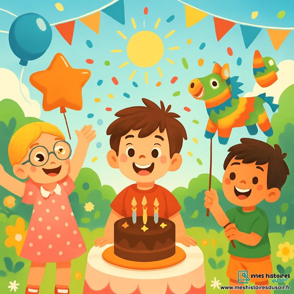 Quatre enfants célèbrent un anniversaire : Léo, 7 ans, cheveux bruns en bataille et t-shirt rouge avec un dinosaure, est au centre, souriant et prêt à souffler ses bougies. Clara, 7 ans, cheveux blonds tressés et robe rose à pois, se tient à gauche de Léo, levant les bras avec enthousiasme. Tom, 7 ans, cheveux noirs et t-shirt vert, est à droite de Léo, tenant une pinata en forme de dragon. Mia, 7 ans, cheveux châtains bouclés et t-shirt violet, est derrière Léo, lançant des confettis. Le jardin ensoleillé est décoré de fleurs et de ballons, avec une grande table en guimauve et un énorme gâteau au chocolat. L'ambiance est festive, avec Léo entouré de ses amis, riant et lançant des confettis.