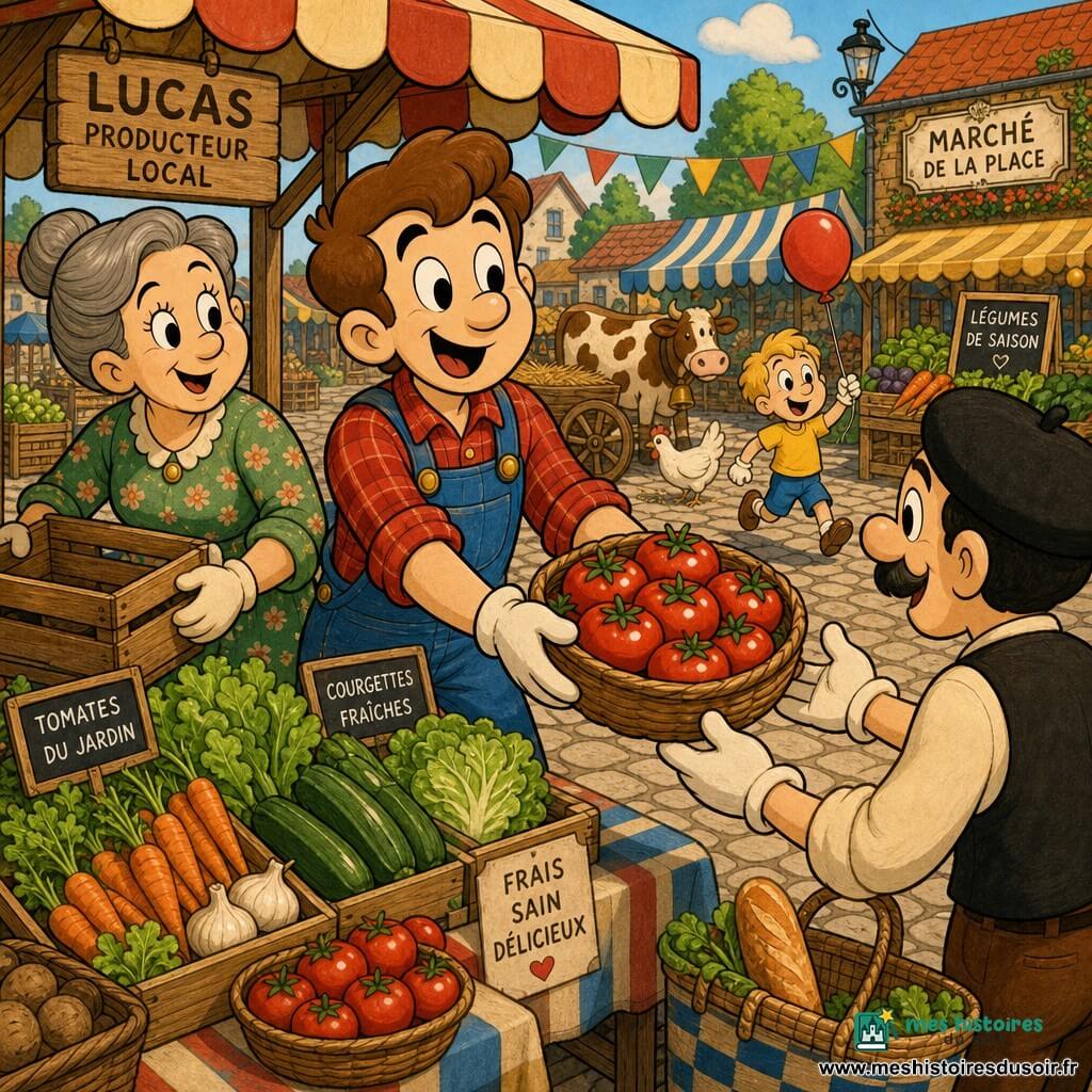 Lucas, homme souriant à la peau claire et cheveux châtains courts, en salopette en jean et chemise à carreaux rouges, tend un panier de tomates brillantes vers un client ; à sa gauche Jeanne, femme d'environ 45 ans aux cheveux gris en chignon et robe à fleurs verte, tient une caisse en souriant ; un garçon de 7 ans en t-shirt jaune court en arrière-plan avec un petit ballon rouge en riant ; une vache brune tachetée et une poule blanche picorent près d'une vieille charrette ; le marché en plein air sur une place pavée montre des étals colorés, caisses et paniers en osier, bannières et tapis rayés, sous un doux soleil matinal et des arbres au loin ; ambiance chaleureuse, légumes bien rangés, textures nettes et couleurs saturées dans un style cartoon rétro.