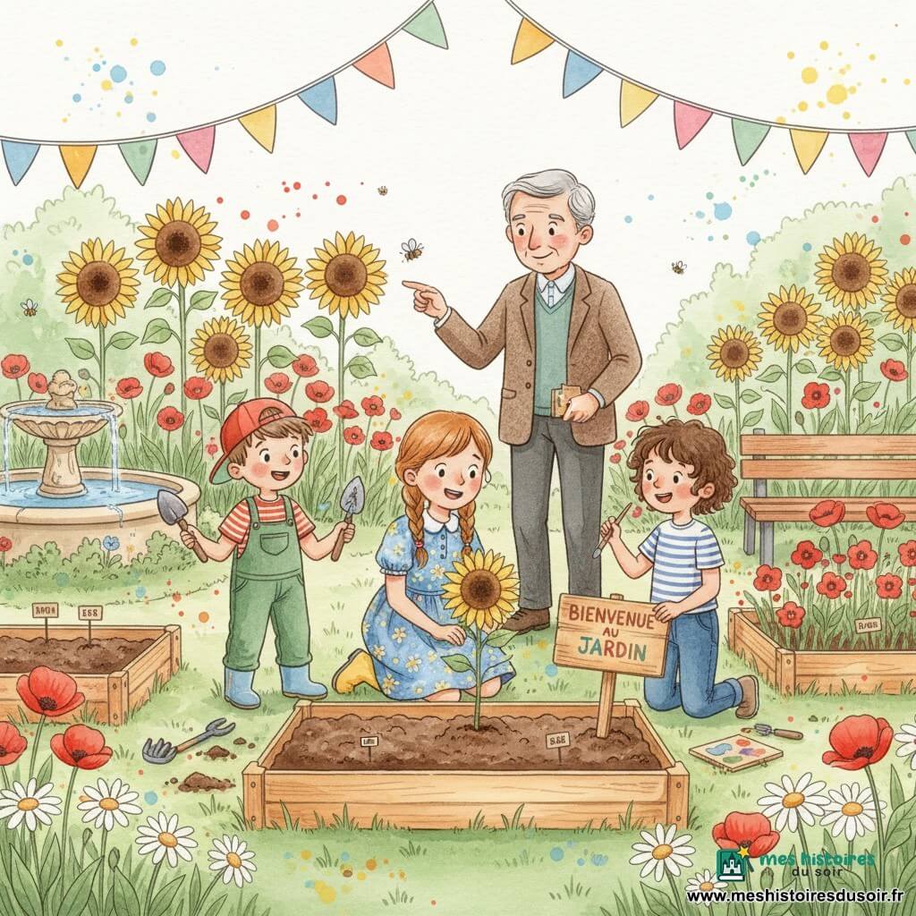 Clara, 10 ans, souriante, cheveux châtain clair en deux tresses, agenouillée pour planter un petit tournesol; Lucas, ~10 ans, enthousiast, casquette rouge et salopette verte, tient une pelle et la regarde; Emma, ~9 ans, concentrée, cheveux bouclés courts, peint une pancarte « Bienvenue au jardin » près d’un bac de fleurs; Monsieur Dupont, ~70 ans, bienveillant, cheveux gris et veste en tweed, debout derrière eux, leur montre une abeille sur une fleur; lieu : parc de village avec bacs en bois remplis de terre, rangées de tournesols, coquelicots et marguerites, une petite fontaine et des bancs, guirlandes pastel; ambiance : atelier de jardinage pendant le festival du printemps, abeilles butinant, outils et éclaboussures de terre et d’aquarelle traduisant joie et énergie.