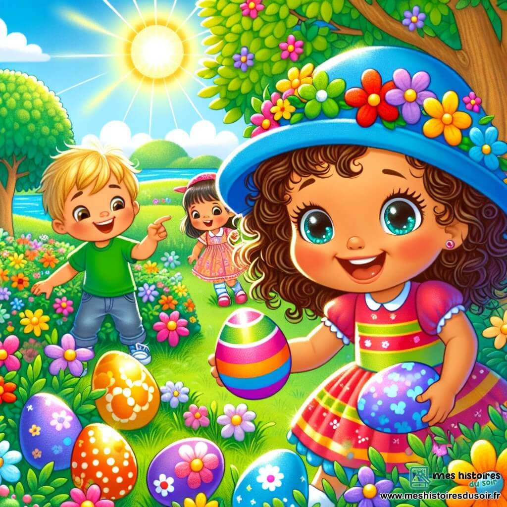 Lila, une petite fille de 2 ans aux grands yeux pétillants et aux cheveux bouclés, porte un chapeau bleu avec des fleurs colorées. Elle sourit en ramassant un œuf rouge dans le jardin. À côté, Tom, 3 ans, avec des cheveux blonds et un t-shirt vert, montre un œuf jaune caché derrière une fleur. Plus loin, Mia, 2 ans, cheveux bruns et robe rose, cherche un œuf violet sous un buisson, excitée. Le jardin ensoleillé est rempli de fleurs colorées, d'arbres verts et d'herbe fraîche, avec des œufs de Pâques aux couleurs vives scintillant au soleil. Lila et ses amis s'amusent en pleine chasse aux œufs, découvrant des trésors cachés.