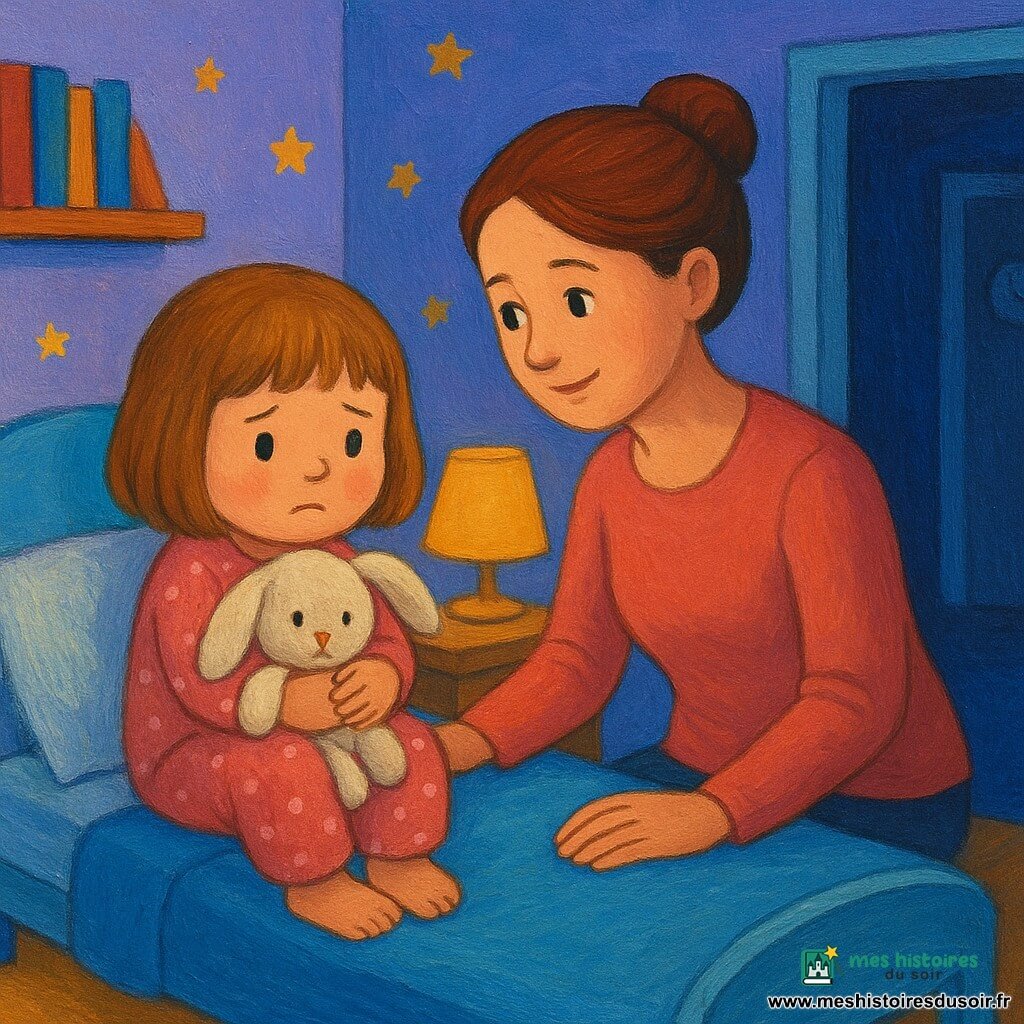 Une fillette de 4 ans au visage rond et cheveux châtain clair coupés en carré, timide et un peu effrayée, serre contre sa poitrine son doudou Lapinou crème et usé; elle porte un pyjama rose à pois, assise recroquevillée sur un lit en bois bleu clair. Sa mère d'environ 32 ans, cheveux en chignon, regard doux et sourire rassurant, est assise au bord du lit, main sur la couverture. La chambre petite, murs lavande avec autocollants d'étoiles, étagère basse de livres et tapis rond moutarde, est éclairée par une lampe à abat-jour jaune qui diffuse une lumière chaude contrastant avec la lueur froide de la lune; dans le couloir visible par la porte entrouverte on devine l'ombre d'une horloge suggérant le tic-tac. L'ensemble dégage calme, réconfort et une petite peur apprivoisée.