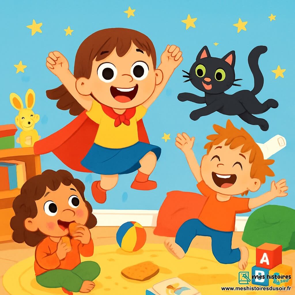 Super Zoé, une petite fille de 6 ans, porte une cape rouge et un t-shirt jaune. Elle a de grands yeux pétillants et un large sourire, sautant joyeusement. Son chat noir, Moustache, fait des pirouettes. Monsieur Chaussette, un garçon de 7 ans avec des cheveux en bataille et une chaussette sur la tête, saute en riant. Madame Biscotte, une fillette de 6 ans avec des boucles brunes, grignote un biscuit en souriant. La scène se déroule dans une chambre colorée, remplie de jouets et de coussins, avec des murs bleu clair et des étoiles dorées au plafond. Super Zoé et Moustache s'amusent à sauter, tandis que Monsieur Chaussette et Madame Biscotte rigolent, créant une ambiance joyeuse.