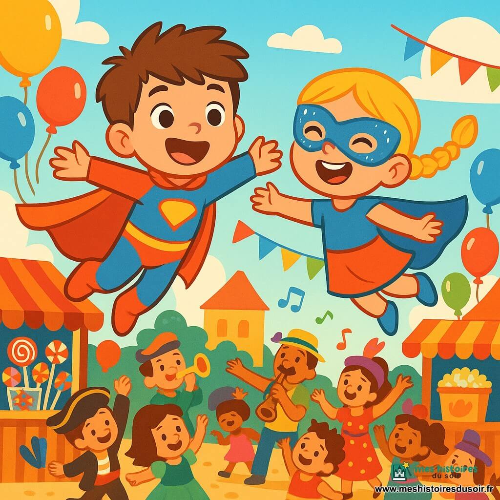 Léo, un garçon de 4 ans aux cheveux bruns en bataille et aux yeux pétillants, porte un costume de super-héros rouge et bleu avec une cape. Il vole dans les airs, souriant, les bras écartés. À ses côtés, Lily, une petite fille de 4 ans aux cheveux blonds tressés et portant un masque, rit en le rejoignant. Le décor est une place de carnaval animée, remplie de ballons colorés et de stands de friandises, où des enfants et des adultes en costumes dansent, créant une ambiance festive. Léo et Lily, les super-héros, volent ensemble au-dessus de la foule, partageant leur bonheur dans un monde enchanteur.