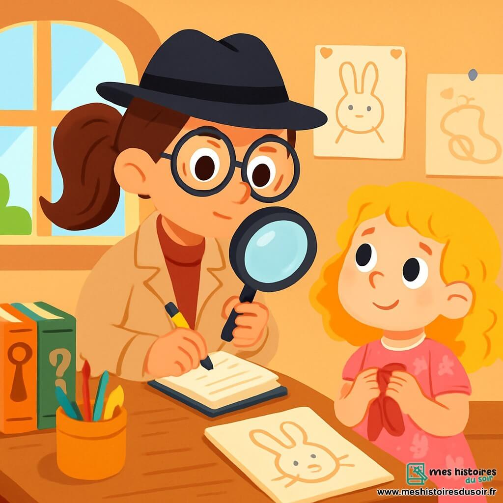 Une détective nommée Zoé se tient dans son bureau, déterminée et curieuse. Elle porte un chapeau noir et une veste beige, tenant une loupe. Ses cheveux bruns sont en queue de cheval et elle porte des lunettes rondes. À côté d'elle, Emma, une petite fille de 7 ans aux cheveux blonds et bouclés, regarde Zoé avec espoir. Elle porte une robe rose et tient un foulard rouge, celui de son lapin disparu. Le bureau est rempli de livres, cartes et crayons colorés, éclairé par une grande fenêtre. Zoé prend des notes pendant qu’Emma lui raconte la disparition de son lapin, Monsieur Biscotte, des dessins de lapins décorant le mur.