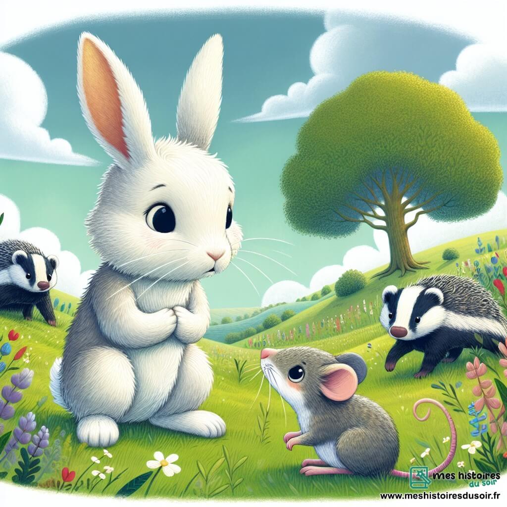 Illustration d'un petit lapin à la fourrure blanche, aux grandes oreilles et aux yeux déterminés, se tenant sur ses pattes arrière pour défendre une petite souris grise, triste et inquiète, qui l'observe de loin. En arrière-plan, un majestueux chêne se dresse dans une prairie verdoyante, sous un ciel bleu parsemé de nuages. Le lapin s'adresse à un groupe de blaireaux moqueurs, tentant de prouver à la souris qu'elle a sa place parmi eux. Les blaireaux commencent à prêter attention au lapin, tandis que les expressions des personnages montrent des émotions variées, symbolisant le changement et l'espoir.