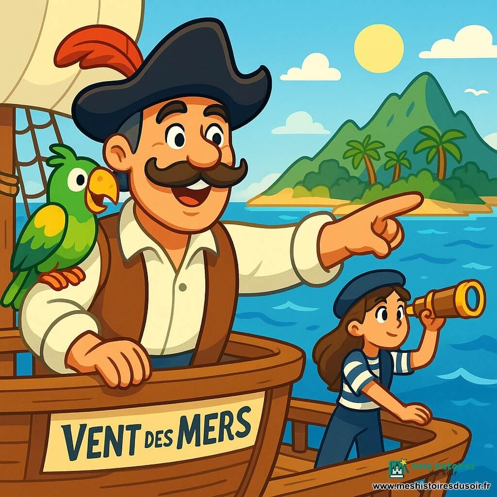 Le Capitaine Hugo, souriant et moustachu, se tient sur le pont de son vaisseau, le "Vent des Mers". Il porte un chapeau noir avec une plume rouge et une chemise blanche avec un gilet en cuir. Ses yeux brillent d'excitation en scrutant l'horizon pour une nouvelle aventure. À ses côtés, Grignote, un perroquet coloré, gazouille des encouragements. Plus loin, Camille, une jeune fille de 12 ans en tenue de marin, observe la mer avec un télescope. L'océan scintille sous le soleil, avec des vagues douces et un ciel bleu parsemé de nuages. En arrière-plan, une île mystérieuse avec des palmiers et des montagnes verdoyantes promet des trésors. Hugo, enthousiaste, pointe vers l'île tandis que l'équipage prépare le navire pour l'aventure.