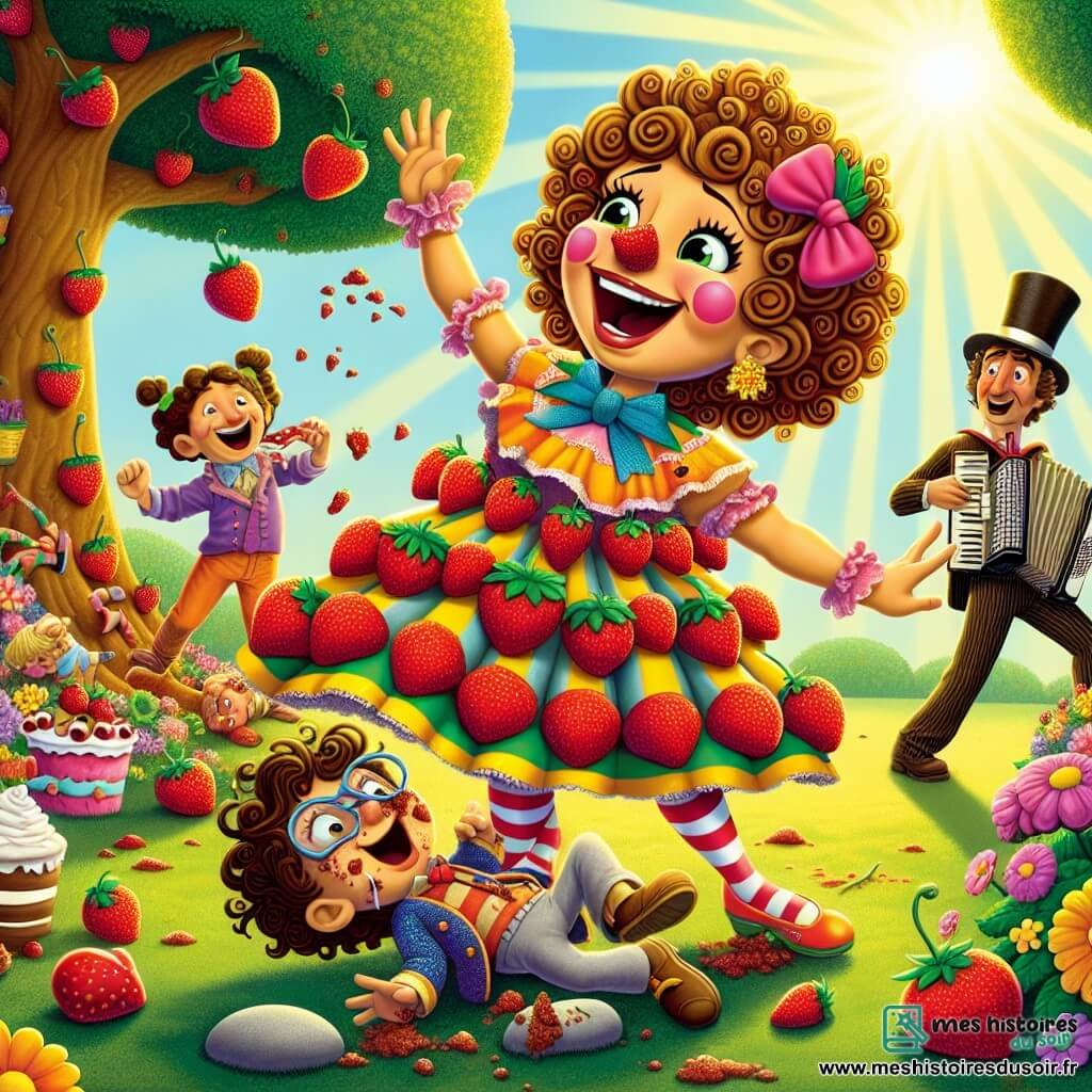 Super-Clafoutis, une femme souriante avec des cheveux bouclés couleur caramel et une cape à motifs de fraises, rit les bras ouverts, entourée de cerises volantes. À côté, Gustave le Gaffeur, un garçon d'environ 10 ans avec des lunettes trop grandes, se relève après avoir trébuché, surpris et avec des miettes de gâteau sur les joues. En arrière-plan, Polka-Man, un homme d'une trentaine d'années avec un chapeau haut de forme, joue de l'accordéon, tandis que Flexible-Fille, une jeune fille de 12 ans, se contorsionne en riant. La scène se déroule dans un parc ensoleillé, avec des fleurs colorées et des enfants autour d'une table de pique-nique. Super-Clafoutis et ses amis célèbrent leur victoire dans une ambiance joyeuse et festive.