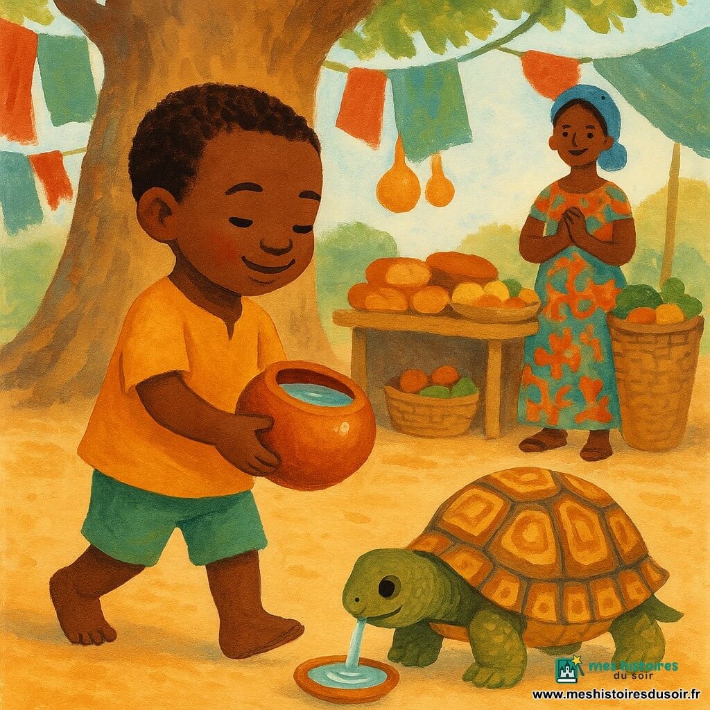 Kofi, un garçon souriant à la peau brune et cheveux courts, tient une calebasse brillante et offre de l'eau à une tortue ronde à carapace jaune et brune qui boit à côté de lui ; une vendeuse d'une trentaine d'années, peau sombre et robe à motifs, sourit à quelques pas près d'un étal de pains et fruits ; le marché sous un grand baobab au tronc massif, avec poussière ocre, tissus colorés et paniers en osier, baigne dans une lumière chaude du matin ; style enfantin, formes arrondies, contours doux, palette gouache aux tons chauds et textures de pinceau, composition centrée sur le partage bienveillant entre Kofi et la tortue.