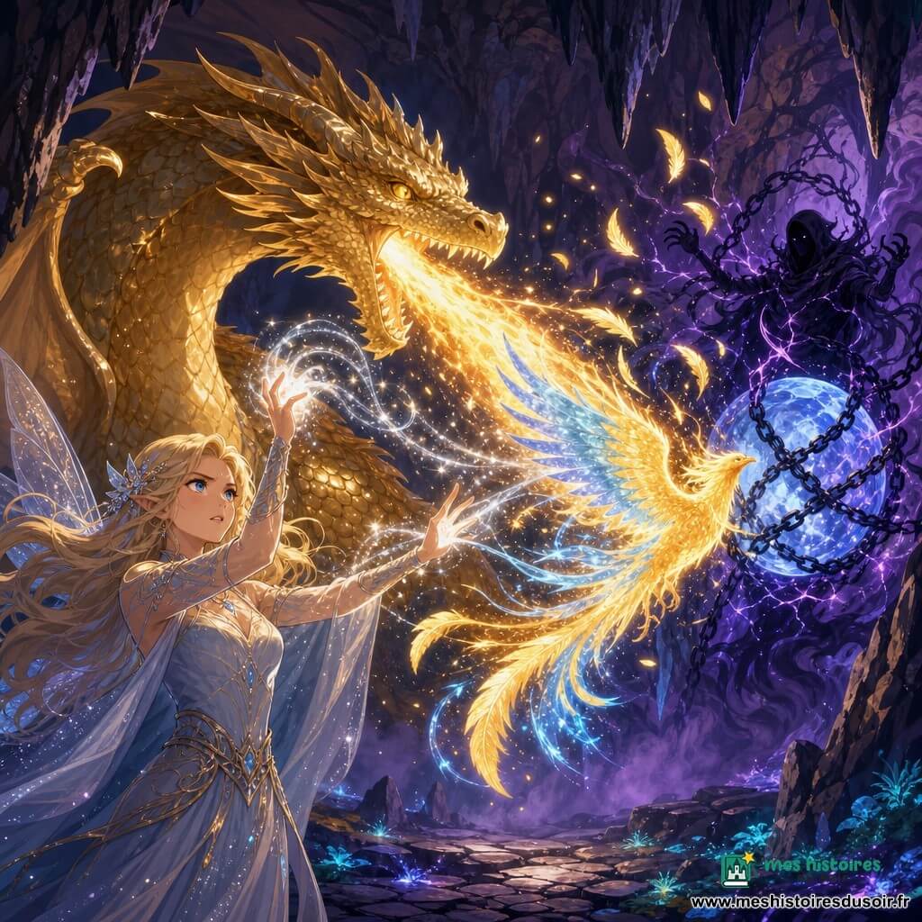Lysandra, jeune fée vingtenaire au visage déterminé, lève les mains en projetant une pluie de poussière d'étoiles argentée ; derrière elle, Ignis, un énorme dragon aux écailles dorées, en posture protectrice crache un flot de feu qui devient des plumes incandescentes ; au fond, le Spectre des Ombres, silhouette sans visage aux bras de fumée noire et volutes violettes, garde une grosse pierre de lune bleutée entourée de chaînes d'ombre ; la scène, dans une grotte-cathédrale de basalte avec mousse luminescente et brume violette, montre la fusion des magies : le feu d'Ignis sculpté par les filaments de Lysandra forme un phénix bleu et or qui frappe le Spectre, éclats lumineux et forts contrastes chaud/froid, style illustration vectorielle nette aux couleurs vives, textures simplifiées et composition diagonale adaptée à un livre jeunesse.
