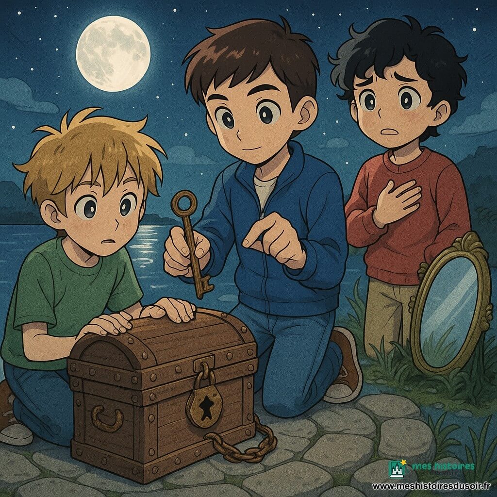 Trois garçons sur une petite île nocturne au centre d'une baie : Tom, 11 ans, cheveux bruns courts, veste bleue et jeans, à genoux au centre tenant une clé rouillée au‑dessus d'un coffre en bois ; Milo, 10 ans, cheveux blonds en bataille, T‑shirt vert, à gauche, mains sur le couvercle, agenouillé et concentré ; Lucas, 10 ans, cheveux noirs bouclés, pull rouge, à droite, debout, honteux mais décidé, une main sur la poitrine ; ils ouvrent un coffre clouté à trou en forme d'étoile, une chaîne rouillée se détend pendant que la clé tourne et la lune basse éclaire des médaillons en bois et une petite boîte scellée ; scène solennelle et honnête, couleurs pastel nocturnes, style manga expressif, gros plans sur les mains, la clé et les visages, avec un grand miroir ancien posé sur des algues et des herbes ondulantes sous un ciel étoilé.