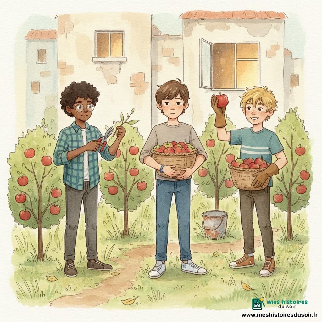 Trois garçons d’environ 12 ans s’activent dans un petit verger derrière un immeuble : Noé, cheveux bruns courts, bracelet bleu, tient au centre un panier en osier rempli de pommes devant un petit pommier ; Sami, cheveux noirs bouclés et lunettes fines, est à gauche et coupe une petite branche cassée au sécateur ; Théo, cheveux blonds en bataille et sourire large, porte des gants de jardin et montre à droite une grosse pomme rouge au-dessus d’un panier. L’endroit présente trois pommiers compacts, herbes hautes et allée de terre battue, un fond d’immeuble pâle avec une fenêtre ouverte, quelques feuilles tombées et un seau en métal au sol ; les gestes sont calmes et concentrés, l’ambiance chaleureuse et collaborative, rendue comme une aquarelle aux lumières dorées de fin d’après‑midi et textures de papier visibles.