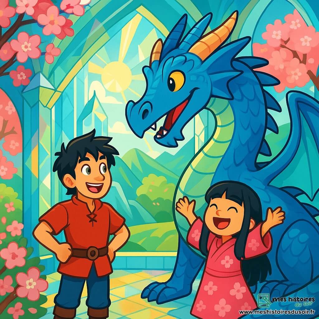 Hiroshi, un homme d'environ 30 ans aux cheveux noirs en bataille et aux yeux déterminés, se tient devant un dragon bleu majestueux aux écailles brillantes, émerveillé. À ses côtés, Sakura, une jeune fille de 10 ans aux longs cheveux noirs et en robe rose ornée de fleurs de cerisier, sourit joyeusement. Ils se trouvent dans un palais de cristal au sommet d'une montagne, illuminé par le soleil et entouré de fleurs de cerisier en pleine floraison. Hiroshi et Sakura discutent avec le dragon, qui les regarde amicalement, prêt à partager ses histoires.