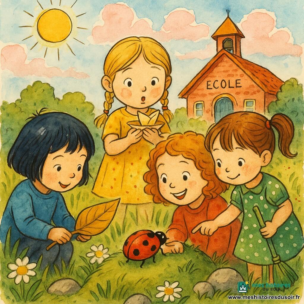 Quatre filles (~5 ans) et une coccinelle : Lisa, châtain en deux couettes, robe verte à pois blancs, penchée avec un petit balai ; Inès, cheveux noirs courts, pull bleu, accroupie à gauche, tend une grande feuille ; Zoé, blonde en tresses, robe jaune, au centre, souffle sur une feuille en forme de bateau ; Maëlle, rousse bouclée, pull rouge, sourit et tend un doigt où la coccinelle va se poser. Une petite coccinelle rouge à points noirs, d’abord sur le dos puis redressée sur la feuille, prête à s’envoler. Décor : butte d’herbe verte derrière une petite école, pâquerettes, quelques pierres et buissons, doux soleil du matin, ciel bleu pâle avec quelques nuages roses dessinés à l’encre. Scène centrée sur la coccinelle et les mains des enfants, ambiance printanière lumineuse et chaleureuse.
