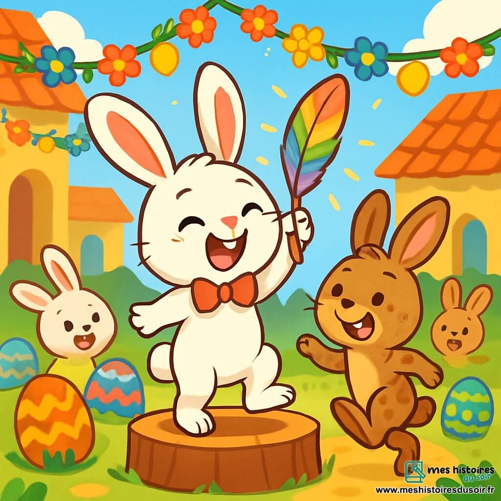 Au centre de la scène, Biscotte, un petit lapin aux grandes oreilles et au pelage blanc, rit joyeusement avec un nœud rouge autour du cou et une plume arc-en-ciel dans les pattes. À ses côtés, son cousin Filou, un lapin espiègle au pelage brun tacheté, sourit en sautillant. Le décor est une place de village animée avec des guirlandes de fleurs et des lanternes scintillantes, et des œufs colorés sont dispersés autour. Biscotte se tient sur un podium, levant la plume magique, tandis que des rires résonnent, créant une atmosphère festive.
