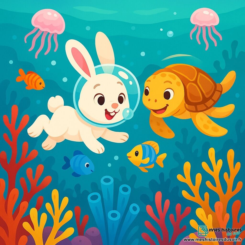 Un jeune lapin nommé Léo, avec une fourrure blanche et de grandes oreilles, nage joyeusement dans une mer turquoise, ses yeux brillants de curiosité. Il porte une bulle magique sur la tête. À ses côtés, une tortue de mer, Tilda, avec une carapace dorée, l'encourage. Le décor est une forêt sous-marine vibrante avec des coraux colorés et des poissons multicolores. Des méduses lumineuses flottent, illuminant la scène. Léo et Tilda explorent un labyrinthe de coraux, découvrant des merveilles sous-marines, tandis qu'un poisson-papillon les observe.