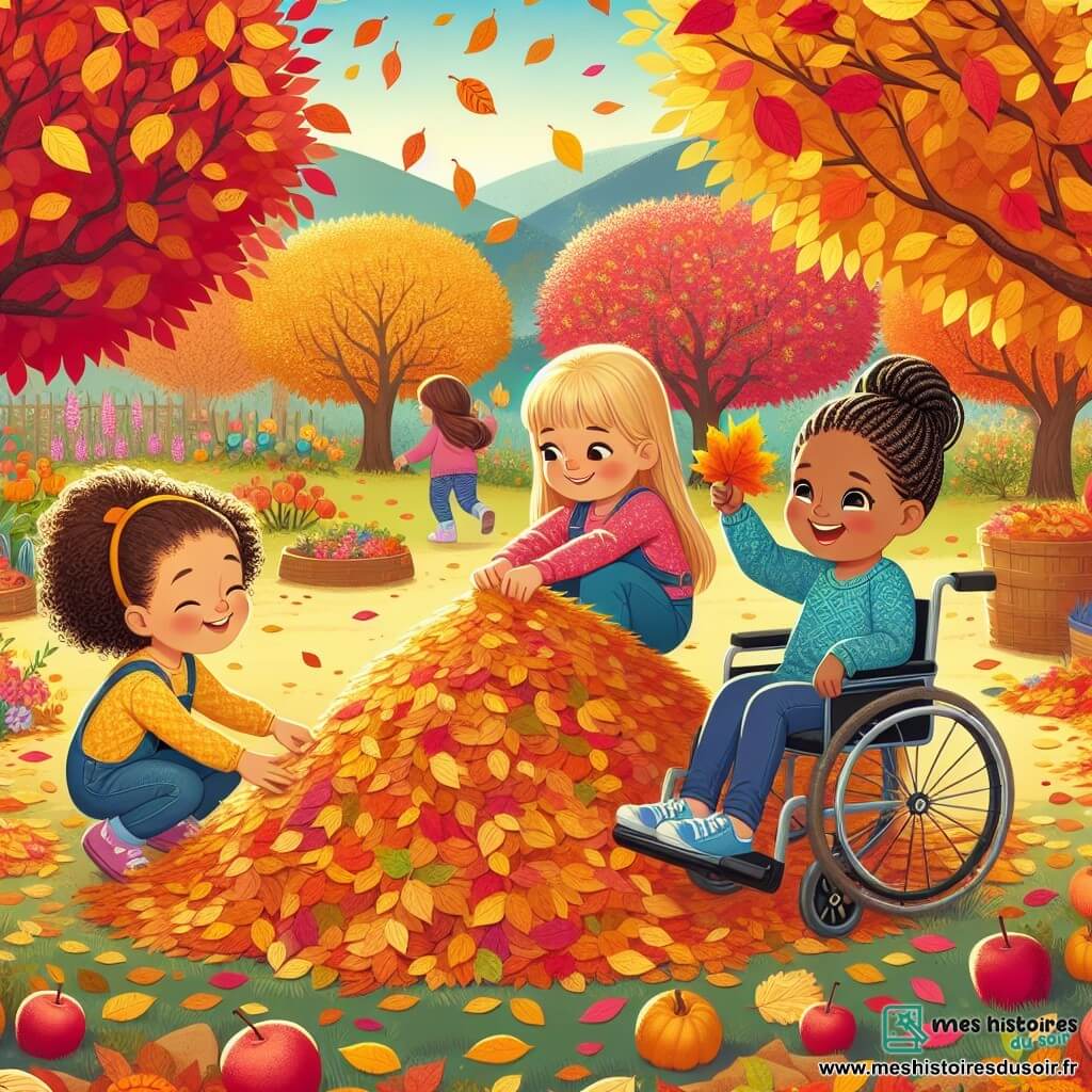 Dans un jardin d'automne, trois petites filles jouent. Lila, quatre ans, avec des cheveux bouclés et une robe jaune, ramasse des feuilles dorées. Sara, cinq ans, avec des cheveux lisses et en fauteuil roulant, sourit en tenant une feuille rouge. Mia, six ans, avec des tresses et un pull bleu, est prête à sauter dans une grande pile de feuilles colorées. Le jardin est rempli d'arbres aux feuilles rouges, orange et jaunes, et le sol est couvert de feuilles croustillantes. Les filles s'amusent à créer une grande pile de feuilles pour sauter dedans, riant et s'encourageant.