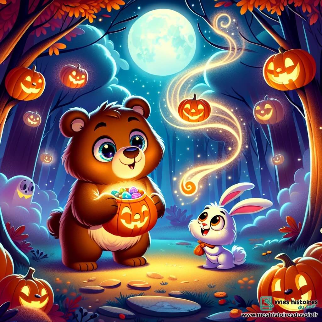 Un ours brun nommé Martin, curieux et au pelage soyeux, se trouve dans une clairière illuminée par la lune. Il observe avec émerveillement des ombres mystérieuses qui dansent autour de lui. À sa droite, un petit lapin au pelage blanc, joyeux et tenant un sac de bonbons colorés, partage ce moment avec lui. La clairière est entourée d'arbres aux feuilles dorées et rouges, et des citrouilles sculptées projettent des ombres dansantes. La scène évoque la magie d'Halloween dans une ambiance festive et chaleureuse.