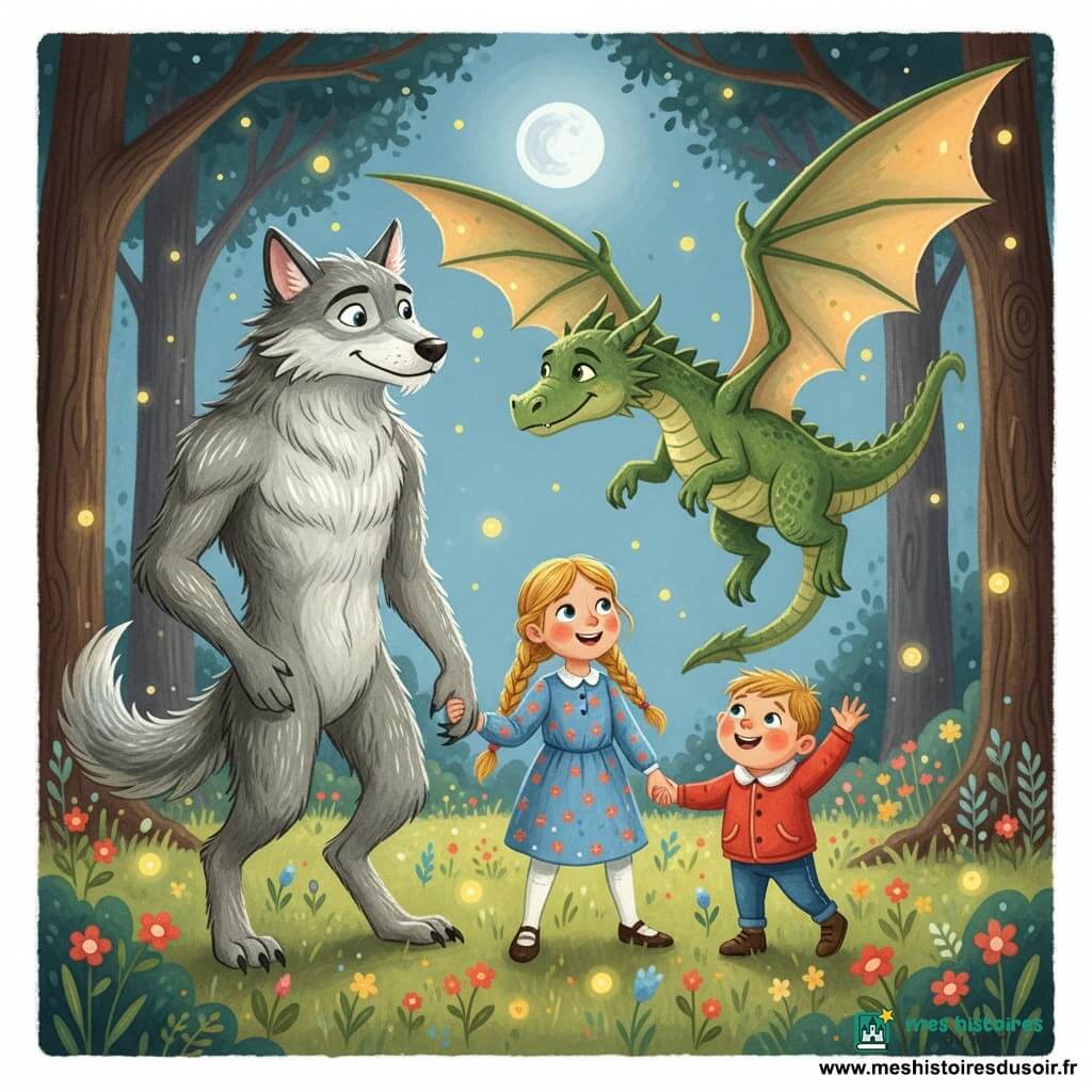 Loupin, un grand loup-garou au visage doux et à la fourrure argentée, se tient debout et incline la tête pour encourager un grand dragon vert aux écailles lumineuses qui prend son envol depuis une clairière nocturne éclairée par une lune ronde et des lucioles pendant que Lila, une fillette d’environ 8 ans aux tresses blondes en robe bleue, et son petit frère Tom, un garçonnet de 5 ans en veste rouge, tiennent la main et applaudissent émerveillés.