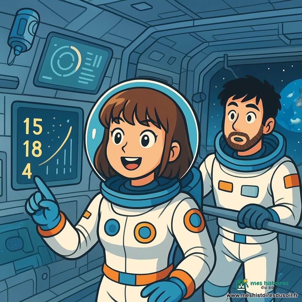 Une jeune astronaute, Lina, d'environ 30 ans avec une frange brune et des yeux curieux, flotte dans la station spatiale Horizon. Elle porte une combinaison spatiale blanche ornée de détails colorés et sourit en observant des écrans lumineux remplis de données. À proximité, Malik, un homme d'une trentaine d'années avec des cheveux noirs en bataille et une barbe légère, regarde les données avec intérêt. La station spatiale futuriste a des murs en métal argenté, des fenêtres offrant une vue sur la Terre et de nombreux instruments scientifiques flottants. Lina découvre une anomalie dans les données du champ magnétique, attirée par des chiffres dansants sur un écran, tandis que les lumières scintillent, créant une ambiance de mystère et d'aventure.