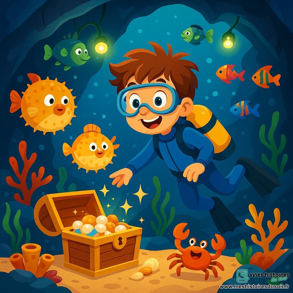 Un garçon de 8 ans, Tom, avec des cheveux ébouriffés et un grand sourire, porte une combinaison de plongée bleue. Il nage dans une grotte sous-marine, entouré de poissons colorés et de coraux. À côté de lui, un crabe orange danse sur le sable, tandis qu'un poisson-globe flotte près de son visage. La grotte est illuminée par des poissons-lampes, et des algues ondulent autour d'eux. Tom découvre un coffre au trésor rempli de perles et de coquillages, affichant une expression de joie.