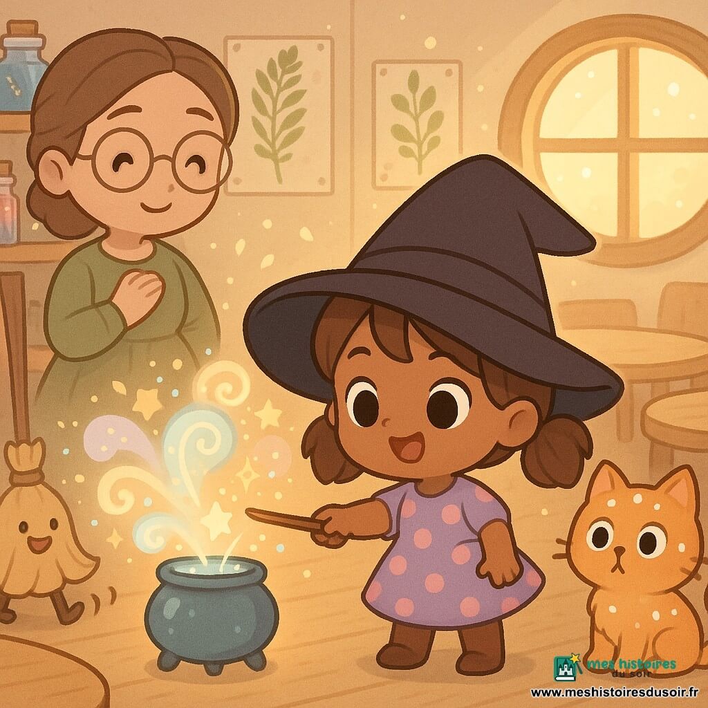 Lila, apprentie sorcière de 4 ans, joyeuse et déterminée avec un grand chapeau trop grand, couettes brunes et robe violet clair à pois roses, tient une petite baguette pointée vers un chaudron bleu d'où jaillit un nuage de confettis blanc et pastel tourbillonnant en spirales; la maîtresse Murmure, femme d'une trentaine d'années en robe vert sauge et lunettes rondes, sourit en posant la main près du cœur à gauche, Biscotte, chat roux pomponné, est assis à droite couvert de confettis, les yeux ronds et la queue en boule, un balai dansant en bois avec un petit visage souriant claque au fond prêt à ranger; la petite salle de classe chaleureuse a des tables rondes en bois, des étagères de bocaux colorés et une fenêtre ronde laissant entrer une lumière dorée, ambiance douce, amusante et enchantée.