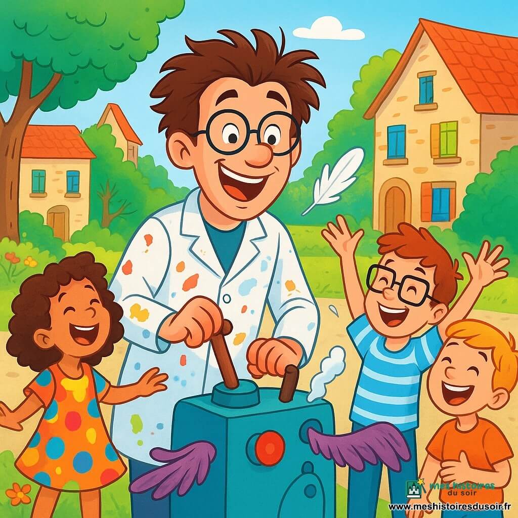 Monsieur Victor, au centre de l'image, porte des lunettes rondes et une blouse de travail tachée de peinture. Il sourit joyeusement en tenant un levier, prêt à actionner sa machine à chatouiller. Autour de lui, des enfants de 6 à 10 ans rient, dont une petite fille aux cheveux bouclés qui tente d'attraper une plume et un garçon aux lunettes carrées, bras levés. La scène, située sur la place du village avec des maisons en pierre et des arbres verdoyants, est animée par le ciel bleu clair. Victor active sa machine, déployant des bras emplumés et faisant résonner des grelots, créant une ambiance joyeuse parmi les villageois.