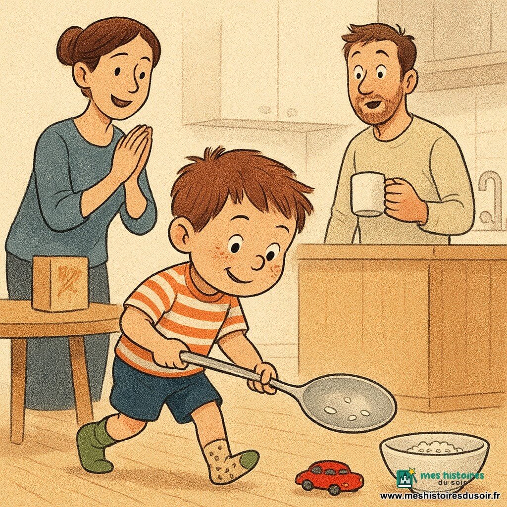 Garçon de 4 ans concentré et joyeux, visage rond avec taches de rousseur, cheveux châtain courts en bataille, en chemise à rayures et chaussettes dépareillées, avance trois pas très lents tenant une grande cuillère brillante avec trois grains de riz vers un bol en porcelaine sur une table ronde en bois; derrière la table à gauche, la mère d'environ 30 ans, cheveux en chignon, applaudit doucement, et à droite le père d'environ 32 ans, barbe naissante, tient une tasse, amusé et surpris; cuisine lumineuse avec plan de travail en bois clair, petite boîte de céréales posée comme obstacle, une petite voiture rouge sur le sol menaçant de le faire trébucher, atmosphère douce, colorée et pleine de mouvement retenu.