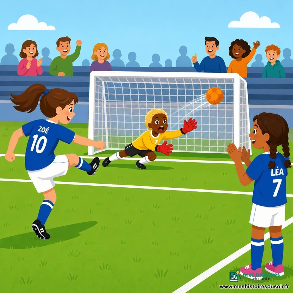 Zoé (10 ans) en maillot bleu et short blanc, cheveux bruns en queue de cheval, frappe un ballon orange vers le but; Emma (10 ans), gardienne aux gants rouges et cheveux blonds courts, accroupie prête à plonger à gauche; Léa (9 ans) applaudissant sur la ligne de touche, cheveux tressés; pelouse verte aux lignes blanches, but blanc avec filet gris clair, ciel bleu pâle et silhouettes de parents en arrière-plan; instant de match figé, énergie, joie, amitié et fair-play, couleurs vives et formes simples.