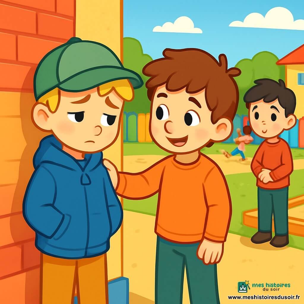 Léo, un garçon de 6 ans aux cheveux blonds, porte une casquette verte et un manteau bleu. Il semble triste, se tenant près d'un mur de l'école avec les mains dans les poches. À ses côtés, Martin, un autre garçon de 6 ans aux cheveux bruns, le regarde avec compassion. Un peu plus loin, Tom, aux cheveux noirs, semble hésitant. La scène se déroule dans la cour de récréation d'une école primaire, avec des jeux et un ciel bleu. L'atmosphère est tendue mais pleine d'espoir, les enfants apprenant l'importance de l'amitié et du respect.