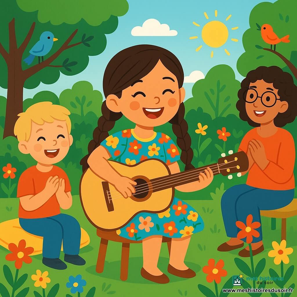 Une jeune fille, Lou, est assise sur une chaise en bois dans un jardin ensoleillé. Elle a de longs cheveux bruns tressés, un sourire radieux et porte une robe à fleurs. Elle joue de la guitare sur ses genoux, tandis que des voisins, enfants et adultes, l'écoutent avec le sourire. Un petit garçon bat des mains en rythme et une femme applaudie. Le jardin est rempli de fleurs, de verdure et d'arbres, avec des oiseaux chantant. Lou chante joyeusement, créant un moment de partage musical et de bonheur.
