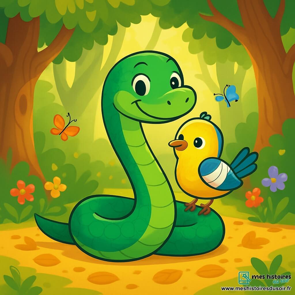 Un serpent nommé Sissi, avec une peau lisse et brillante aux écailles vert émeraude, se tient fièrement au centre de la scène, affichant un sourire bienveillant. À ses côtés, un petit oiseau aux plumes jaunes et bleues, avec une aile bandée, le regarde avec gratitude, perché sur son dos. La scène se déroule dans une forêt enchantée, avec de grands arbres noueux et des rayons de soleil filtrant à travers le feuillage, créant des motifs lumineux sur le sol. Sissi aide l'oiseau blessé à se déplacer, le portant doucement sur son dos, tandis que des fleurs colorées et des papillons dansent autour d'eux, ajoutant une touche de magie à leur amitié.