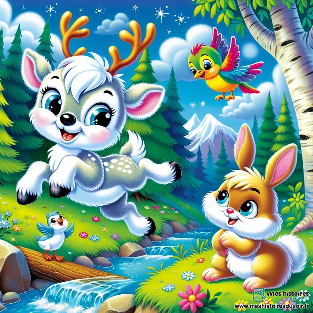Un petit renne nommé Flocon, avec un pelage blanc comme la neige et des bois scintillants, saute joyeusement par-dessus un ruisseau. À proximité, un oiseau multicolore vole autour de lui, tandis qu'un lapin aux grandes oreilles l'encourage. La scène se déroule dans une forêt enchantée, avec des arbres majestueux et un ciel bleu clair. Flocon, courageux, traverse la forêt, prêt pour son aventure, entouré de la beauté de la nature.