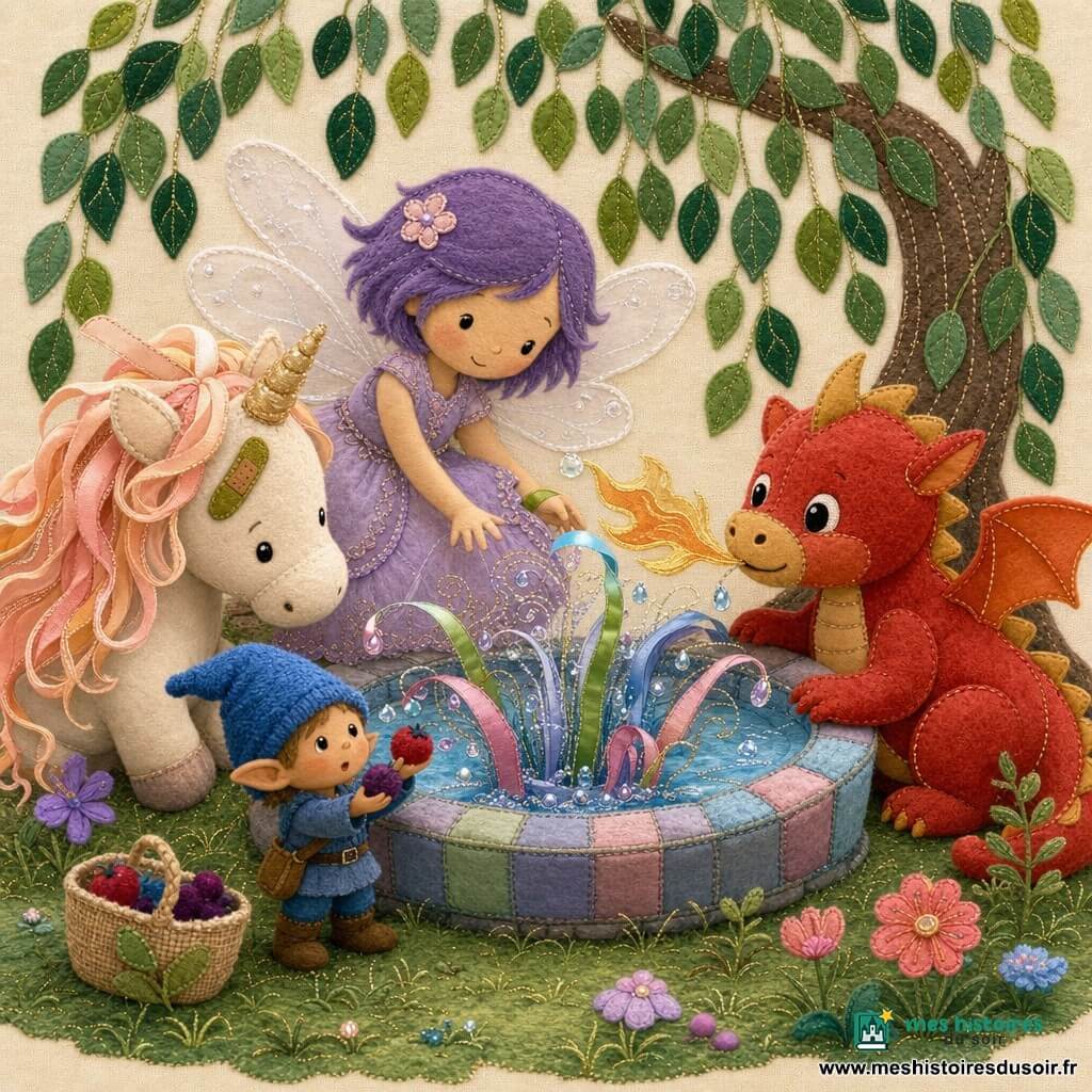 La fée Lila, joyeuse et concentrée, ailes en organza blanc, cheveux violets courts, robe lilas brodée, pose la main au bord d'une fontaine ronde; le petit dragon Pim, rond et chaleureux en velours rouge-orange, souffle une flamme dorée à droite; la licorne Plume, crinière pêche en rubans et pansement feuille, penche la tête à gauche vers l'eau; le lutin Bobo, minuscule en bonnet bleu, tient deux baies en feutrine au premier plan; la fontaine des Couleurs, faite de tissus bleus, roses et verts et perles brillantes, projette des rubans lumineux dans l'eau, lumière dorée, saule en appliqué en arrière-plan, texture de coutures et broderies, palette tendre et gaie.