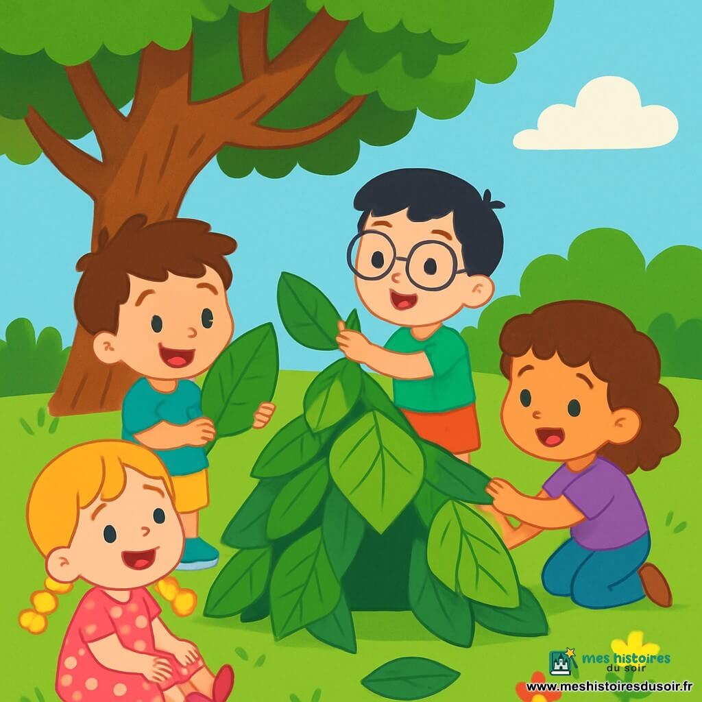 Il y a 4 enfants : Léo, un garçon de 3 ans avec des cheveux bruns en bataille, portant un t-shirt bleu et un short jaune, debout et souriant avec une grande feuille verte. Mia, une fille de 3 ans avec des cheveux blonds tressés, vêtue d'une robe rose à pois blancs, assise sur l'herbe. Ana, une fille de 3 ans avec des cheveux châtains bouclés, portant un t-shirt violet et un pantalon en jean, accroupie en ramassant des feuilles. Tom, un garçon de 3 ans avec des cheveux noirs et des lunettes rondes, habillé d'un t-shirt vert et d'un short rouge, se tient à côté de Léo. Ils sont sous un grand arbre, sur une herbe verte parsemée de fleurs, dans un ciel bleu clair. Ils construisent une maison de feuilles, riant et échangeant des feuilles dans une ambiance joyeuse et amicale.