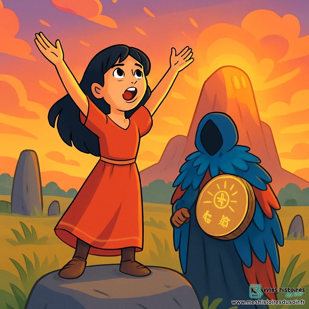Yali, une jeune femme aux cheveux noirs comme l’onyx, se tient sur une grande pierre grise, son visage illuminé par une douce lumière dorée. Ses yeux brillent d’émotion, mêlant détermination et espoir, alors qu’elle chante passionnément, les bras levés vers le ciel. À ses côtés, un messager mystérieux, un homme sans visage, porte un manteau de plumes bleues et rouges et tient un tambour orné de symboles scintillants, prêt à l'accompagner. Le décor est une vaste plaine d’Okana, avec des pierres anciennes et des herbes hautes, sous un ciel vibrant de couleurs chaudes au coucher du soleil. La Roche-Mère, une immense pierre majestueuse, se dresse en arrière-plan, illuminée par une lueur mystique. Yali chante pour rétablir l’équilibre des saisons, sa voix résonnant dans l’air, tandis que les pierres vibrent en écho, créant une atmosphère magique.