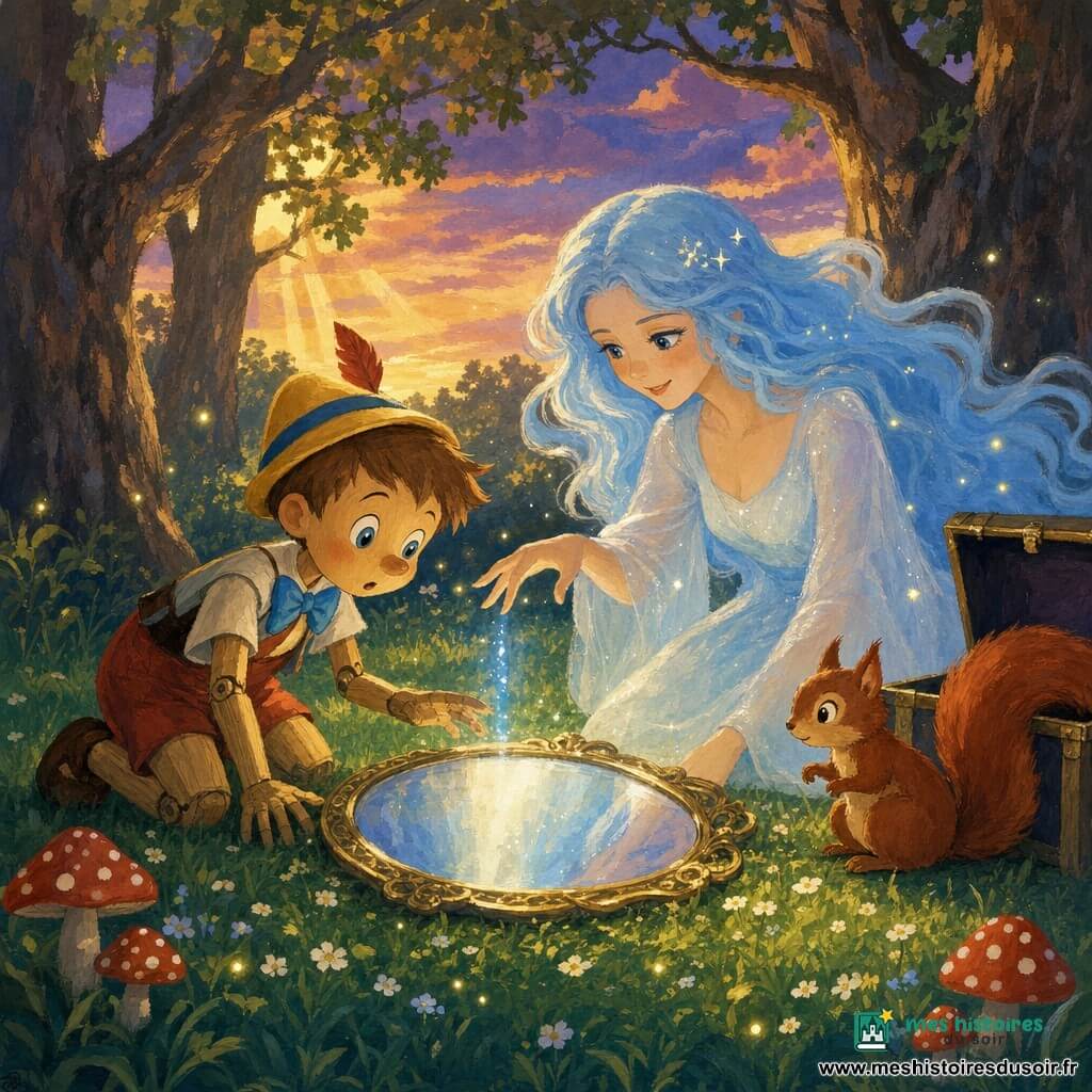 Pinocchio, un garçon-pantin en bois aux articulations visibles et cheveux brun clair, penché vers un petit miroir posé sur l’herbe, main tremblante, visage émerveillé et doux ; la Fée Bleue, femme mince d’une trentaine d’années aux cheveux bleu pâle flottants, en robe translucide nacrée, pose une main lumineuse au‑dessus du miroir, souriante et bienveillante ; un petit écureuil roux, vif, assis près d’un coffre ouvert à droite observe la scène ; clairière ronde au tapis d’herbe parsemé de petites fleurs blanches, champignons rouges à pois blancs et lucioles scintillantes, ciel crépusculaire or et mauve perçant entre des chênes épais ; composition centrée sur le miroir, ambiance intimiste, chaleureuse, style gouache texturée aux couleurs saturées mais douces, contours légèrement flous et lumière chaude.