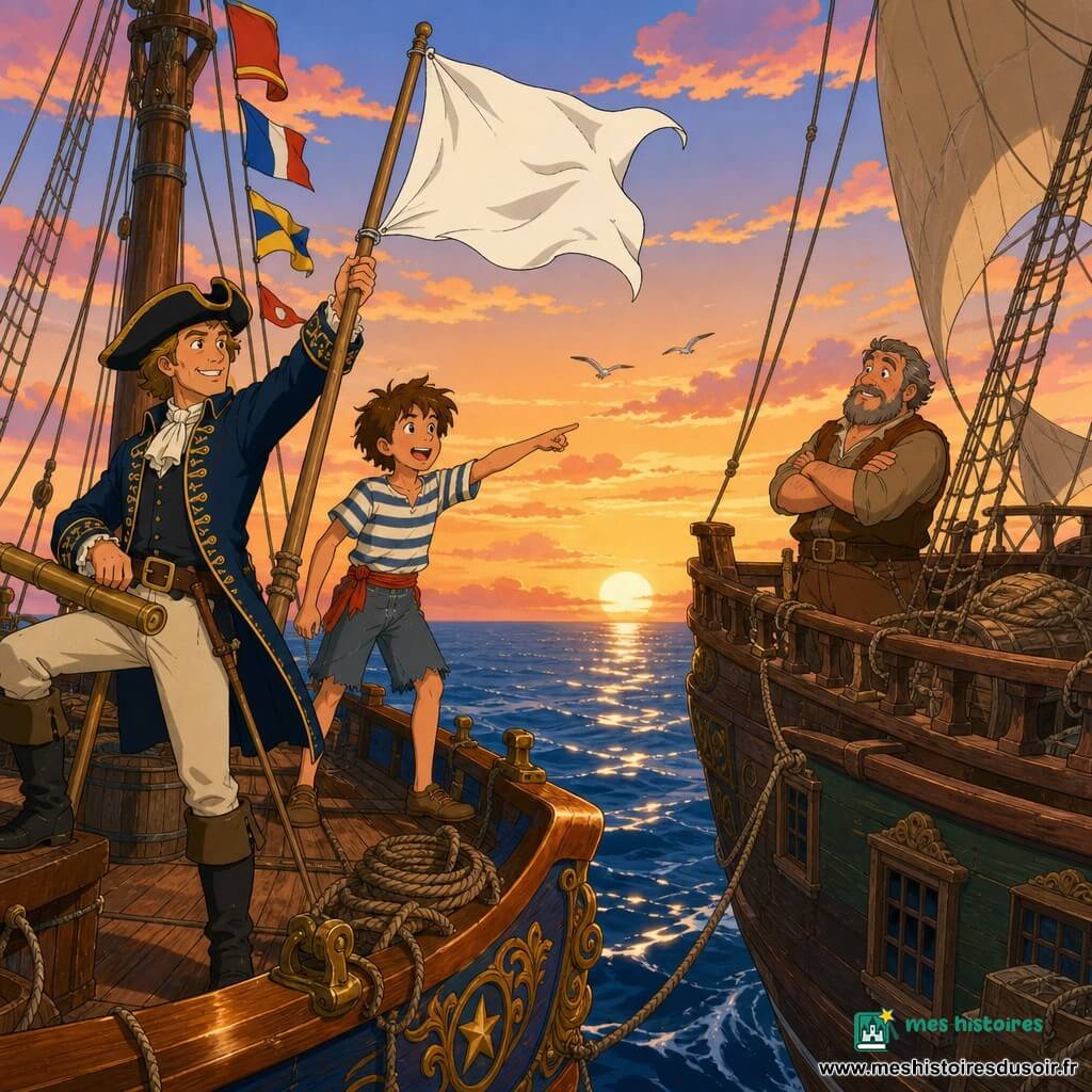 Le capitaine Renaud souriant, bonnet tricorne incliné et veste de marin bleu à broderies dorées, brandit un grand drapeau blanc tandis que Marco, garçon d'environ 12 ans aux cheveux bruns en bataille et en tee-shirt rayé, essoufflé mais enthousiaste, pointe vers l'horizon près du mât. À une dizaine de mètres, le capitaine marchand d'environ 45 ans, visage rond et barbe poivre et sel, en vêtement simple, observe intrigué depuis la poupe du navire en face. Sur le pont verni du navire L'Étoile Vagabonde, cordages, barils et drapeaux colorés, la mer bleu profond et un ciel orangé de fin d'après-midi créent une scène d'alliance pacifique centrée sur le geste du drapeau, ambiance chaleureuse et couleurs vives.