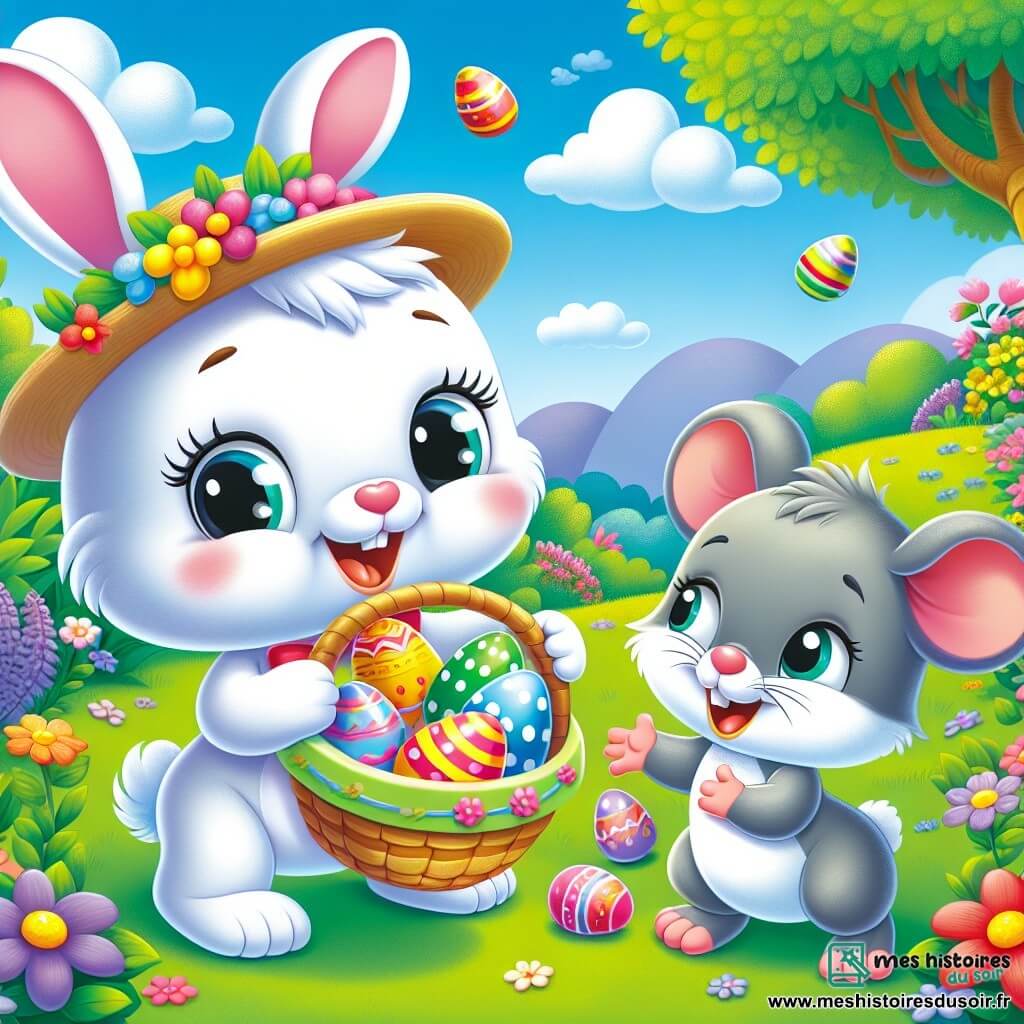 Petit Lapinou, un lapin en peluche avec de grands yeux et un chapeau coloré, sourit en tenant un panier d'œufs colorés. À ses côtés, une petite souris grise l'aide à cacher les œufs dans un jardin fleuri, sous un ciel bleu avec des nuages. Ils s'amusent ensemble à cacher des œufs de Pâques, créant une ambiance joyeuse et festive.