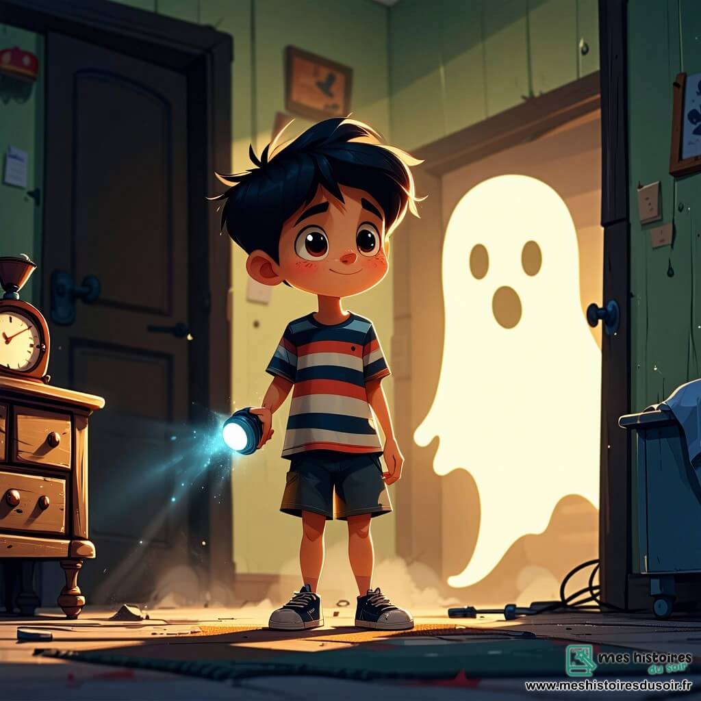 Un garçon de 10 ans, Lucas, avec des cheveux en bataille et des yeux curieux, se tient dans une chambre d'enfant poussiéreuse, l'air excité et un peu effrayé. Il porte un t-shirt rayé et un short, tenant une lampe de poche qui éclaire une vieille boîte à musique sur une commode. À côté de lui, une silhouette floue d'une fille d'environ 8 ans, avec des cheveux longs et ondulés, vêtue d'une robe blanche usée, l'observe avec un sourire doux et triste, semblant flotter légèrement au-dessus du sol. La pièce est remplie de vieux jouets éparpillés et de meubles recouverts de draps, avec des murs ornés de papiers peints décolorés. Une lumière douce filtre à travers une fenêtre brisée, créant des ombres dansantes. Lucas s'approche de la boîte à musique, dont la mélodie évoque les souvenirs des enfants perdus, créant une atmosphère mystérieuse et mélancolique.