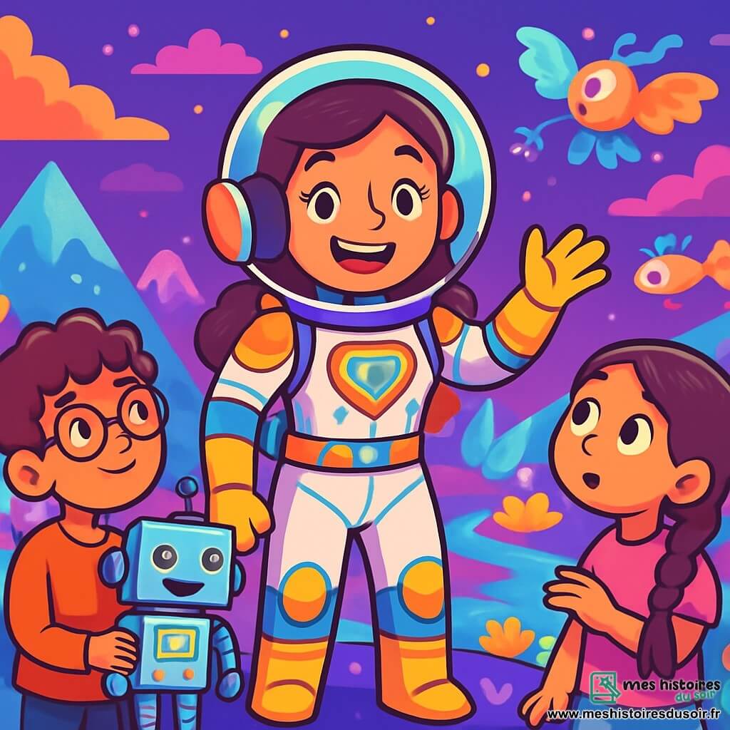 Une femme astronaute, Sara, souriante et excitée, porte une combinaison spatiale futuriste ornée de motifs colorés. Elle se tient sur une nouvelle planète avec des paysages étranges, des montagnes scintillantes et des plantes vives. À ses côtés, Max, un garçon de 10 ans aux cheveux bouclés et lunettes rondes, tient un petit robot clignotant, admiratif. Lila, une fille de 8 ans aux cheveux tressés, observe des créatures colorées qui volent autour d'eux, curieuse. Le décor est une planète extraterrestre avec un ciel violet, des nuages en forme de bonbons, des collines fleuries et des rivières scintillantes. Sara et son équipage célèbrent leur arrivée, souriant et prêts à explorer et construire un nouveau foyer.