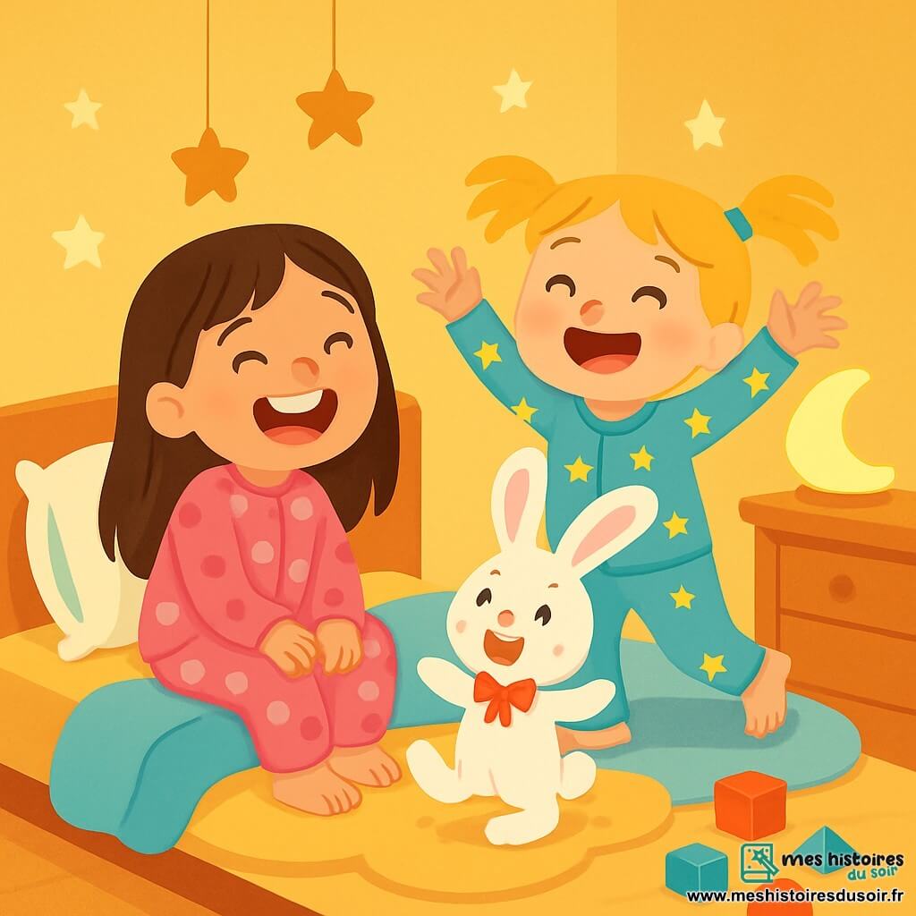 Il y a 3 personnages : Zoé, une fille de 5 ans avec de longs cheveux bruns, en pyjama rose à pois, assise sur un lit moelleux en riant ; Léna, une fille de 4 ans avec des cheveux blonds en couettes, en pyjama bleu avec des étoiles, debout à côté d'elle, levant les bras avec un grand sourire ; et Doudou lapin, un lapin en peluche blanc avec un nœud rouge, assis sur l'oreiller, prêt à danser. La chambre d’enfant est chaleureuse, avec des murs jaunes pastel, des étoiles au plafond, un tapis en forme de nuage et des jouets colorés au sol. Zoé et Léna rient tandis que Doudou lapin fait des pirouettes sur le lit, créant une ambiance joyeuse et ludique pour une histoire drôle avant de dormir.