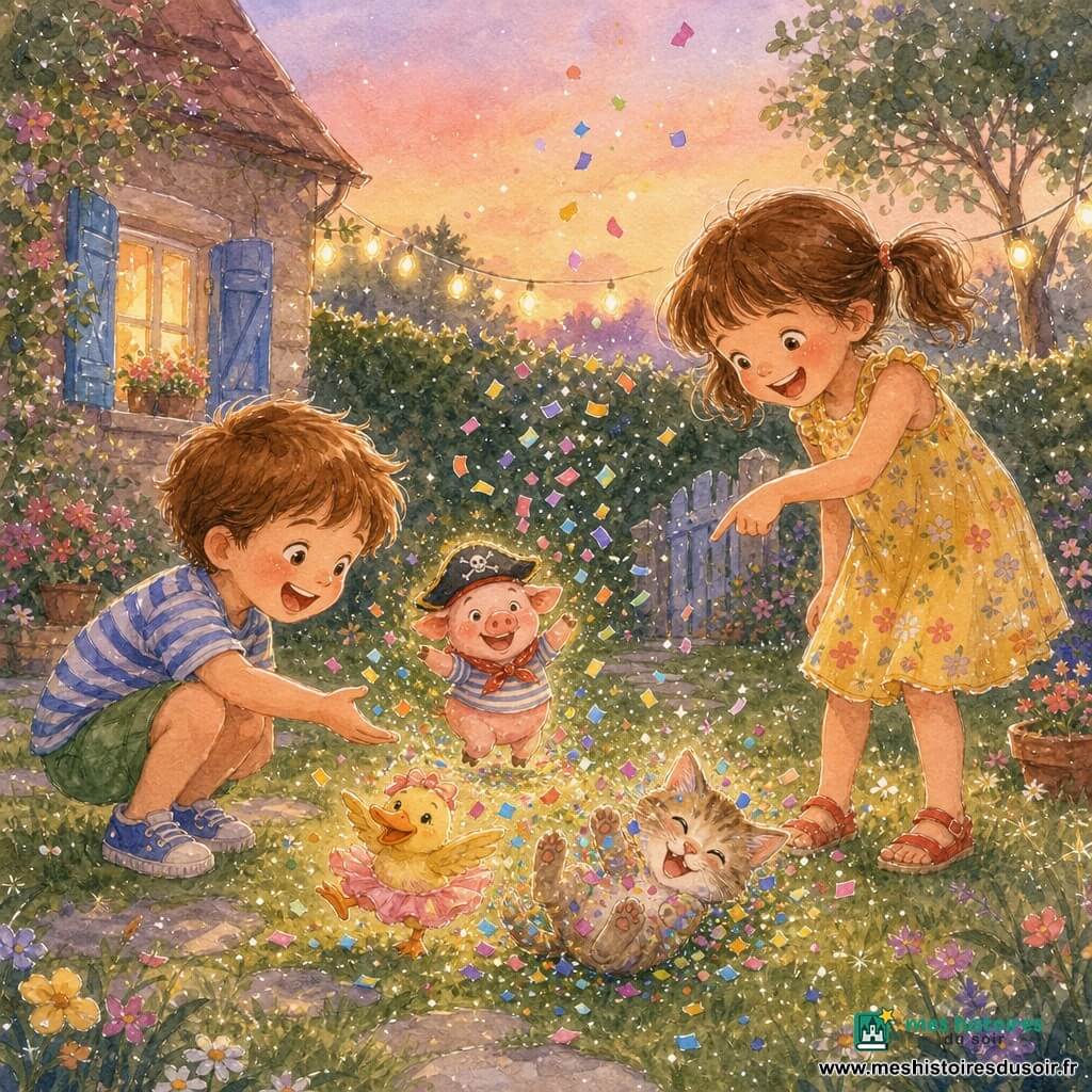 Deux enfants d'environ 6 ans : Léo, garçon châtain court en chemise rayée bleue et shorts verts, accroupi à gauche, tend la main vers une pluie de confettis se transformant en petits animaux ; Zoé, fille brune en couettes en robe jaune à fleurs et sandales rouges, debout à droite, penchée en avant, rit en pointant un chat confetti qui fait une roulade ; scène au crépuscule dans un jardin de village (pelouse fleurie, haie avec guirlandes, petit chemin de pierres, maisonnette en bois aux volets bleus, ciel rose-orangé) : une boîte magique ouverte au centre libère des confettis lumineux qui deviennent des animaux colorés (chat, cochon pirate, canard en tutu), atmosphère joyeuse et fantaisiste, mouvements doux, confettis en suspension, rendu aquarelle humide avec traits fins au gel blanc pour les reflets.