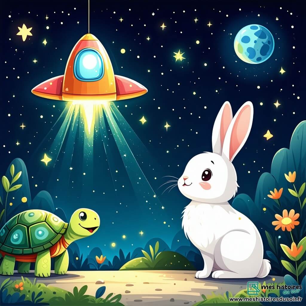Léo, un lapin blanc curieux, se tient au centre, émerveillé par un vaisseau spatial brillant qui flotte au-dessus de lui. À ses côtés, Trixie, une tortue savante, observe le vaisseau avec des yeux ébahis, tandis que Felix, un renard rusé, se tient en retrait, intrigué. Ils se trouvent dans une clairière entourée d'arbres multicolores et de fleurs scintillantes, sous un ciel bleu étoilé avec une comète filante. Léo et ses amis découvrent le vaisseau d'un extraterrestre, Zog, qui est prêt à partager son histoire.